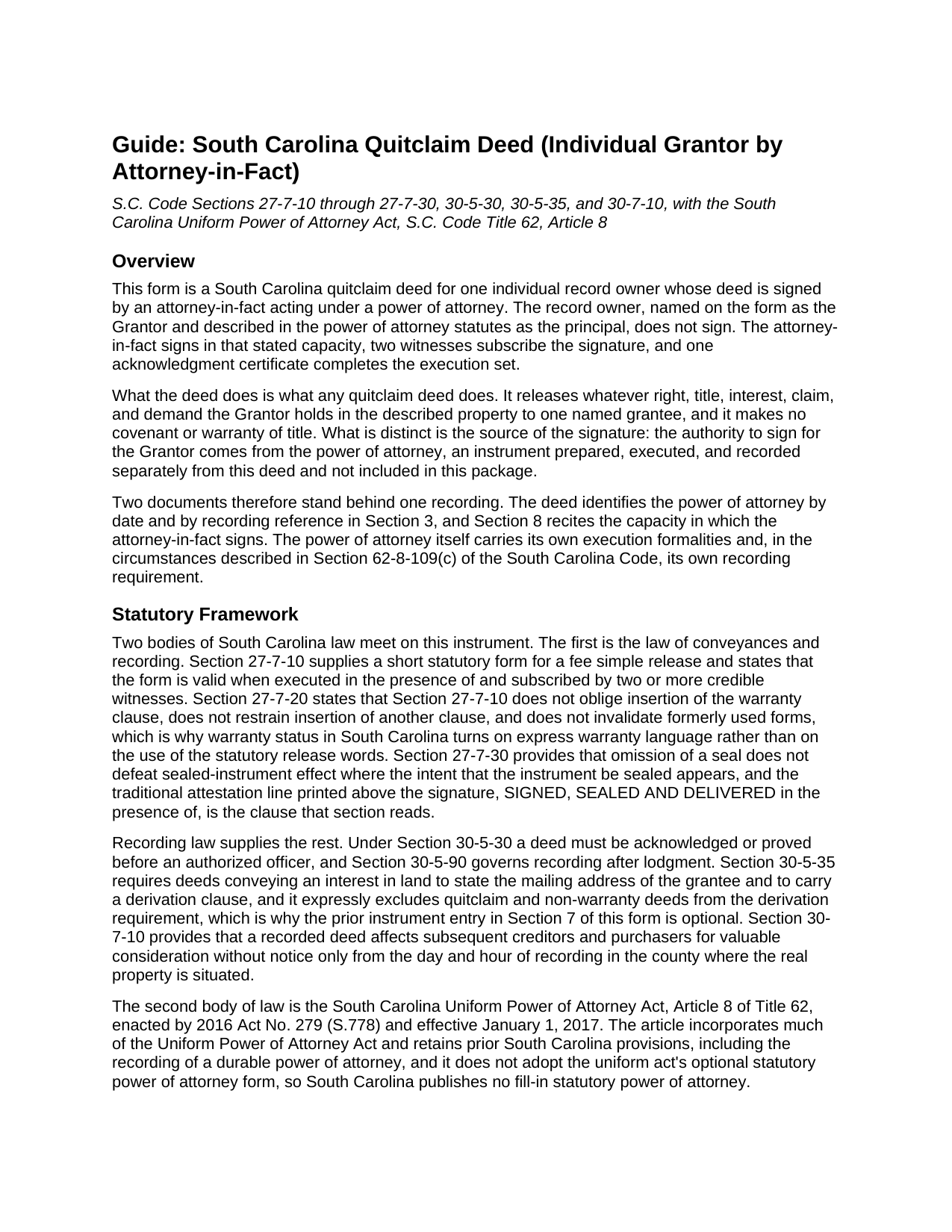 Orangeburg County Quitclaim Deed (Individual Grantor by Attorney-in-Fact) Guide
