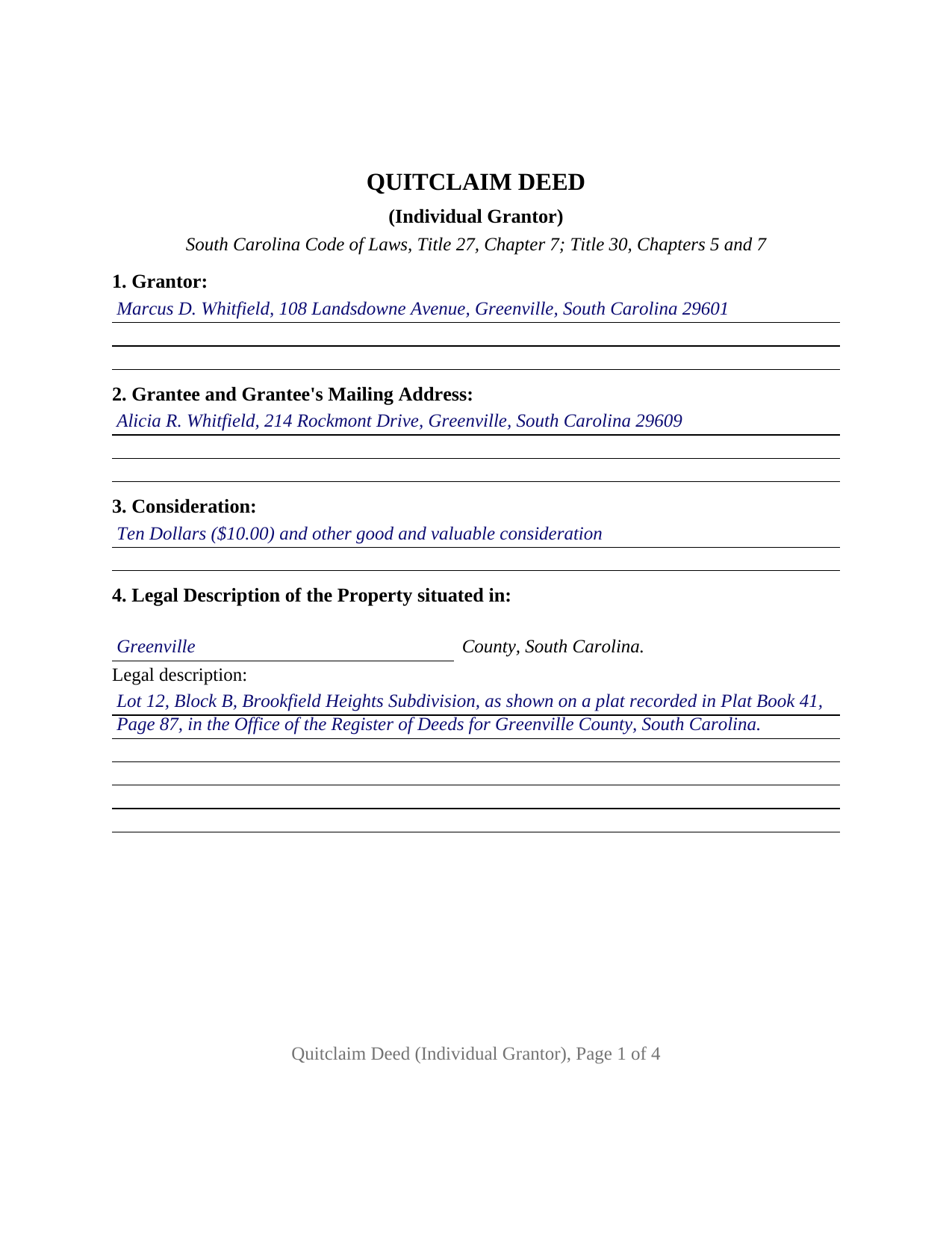 Clarendon County Completed Example of the Quitclaim Deed (Individual Grantor) Document