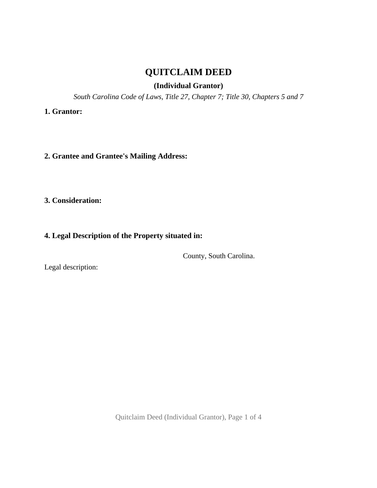 Clarendon County Quitclaim Deed (Individual Grantor) Form