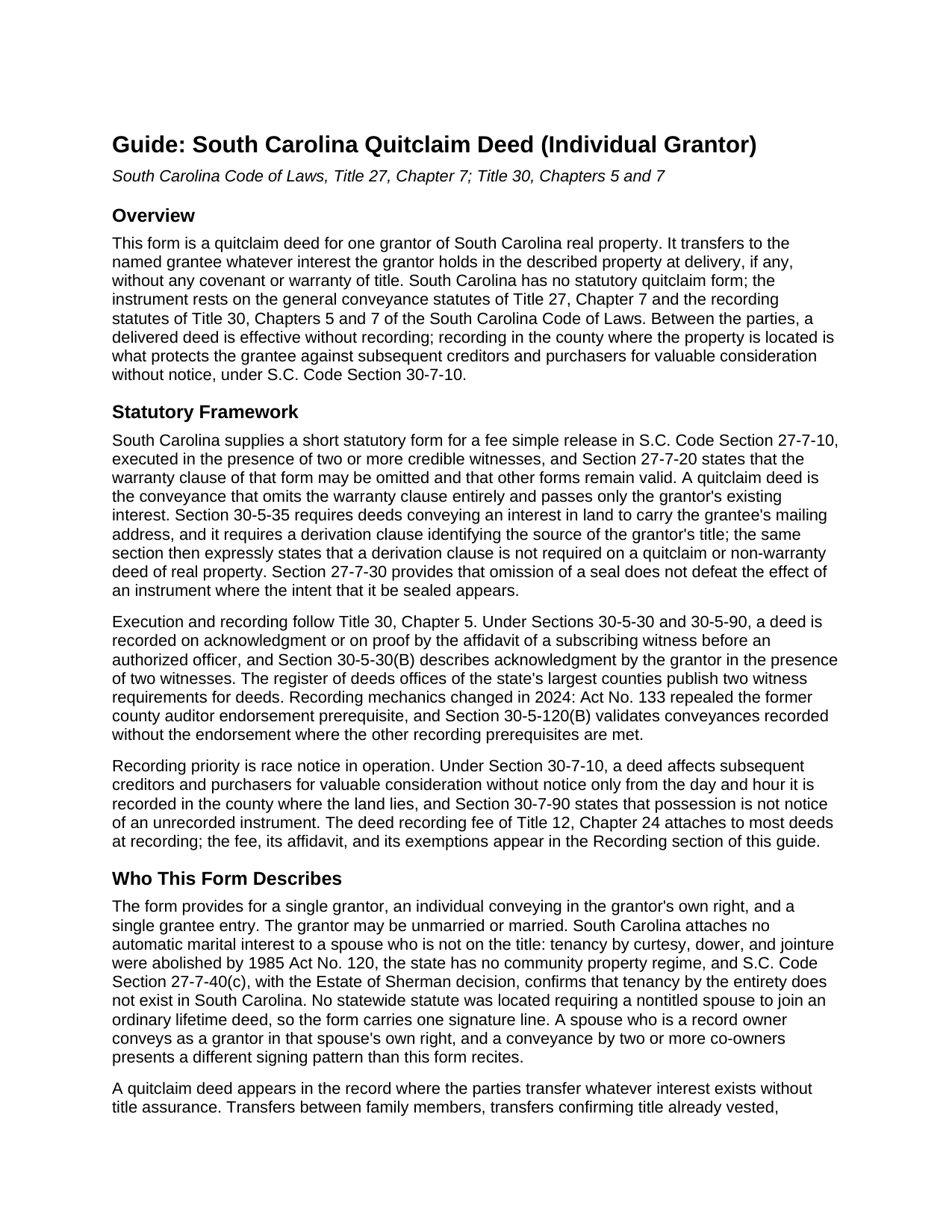 Clarendon County Quitclaim Deed (Individual Grantor) Guide