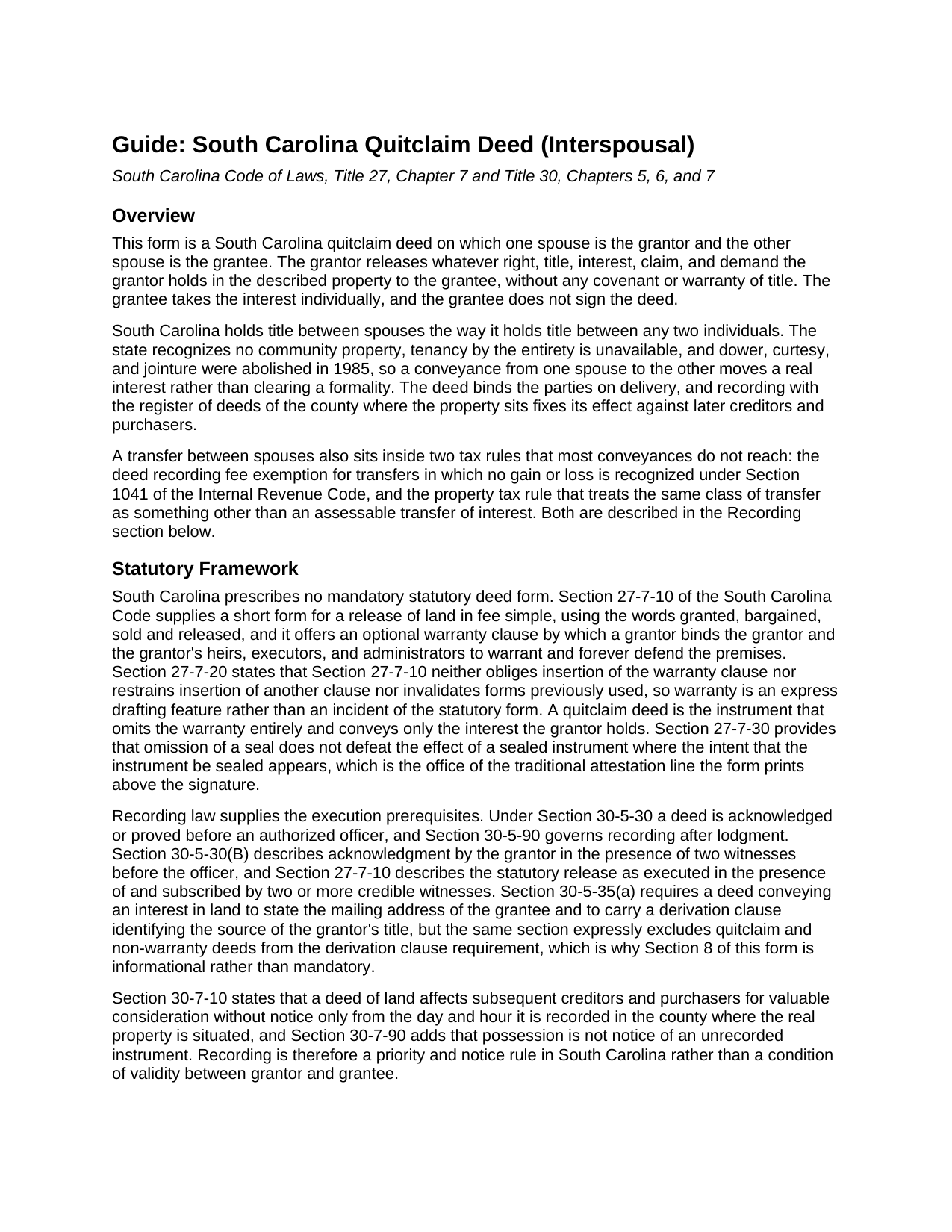 Florence County Quitclaim Deed (Interspousal) Guide