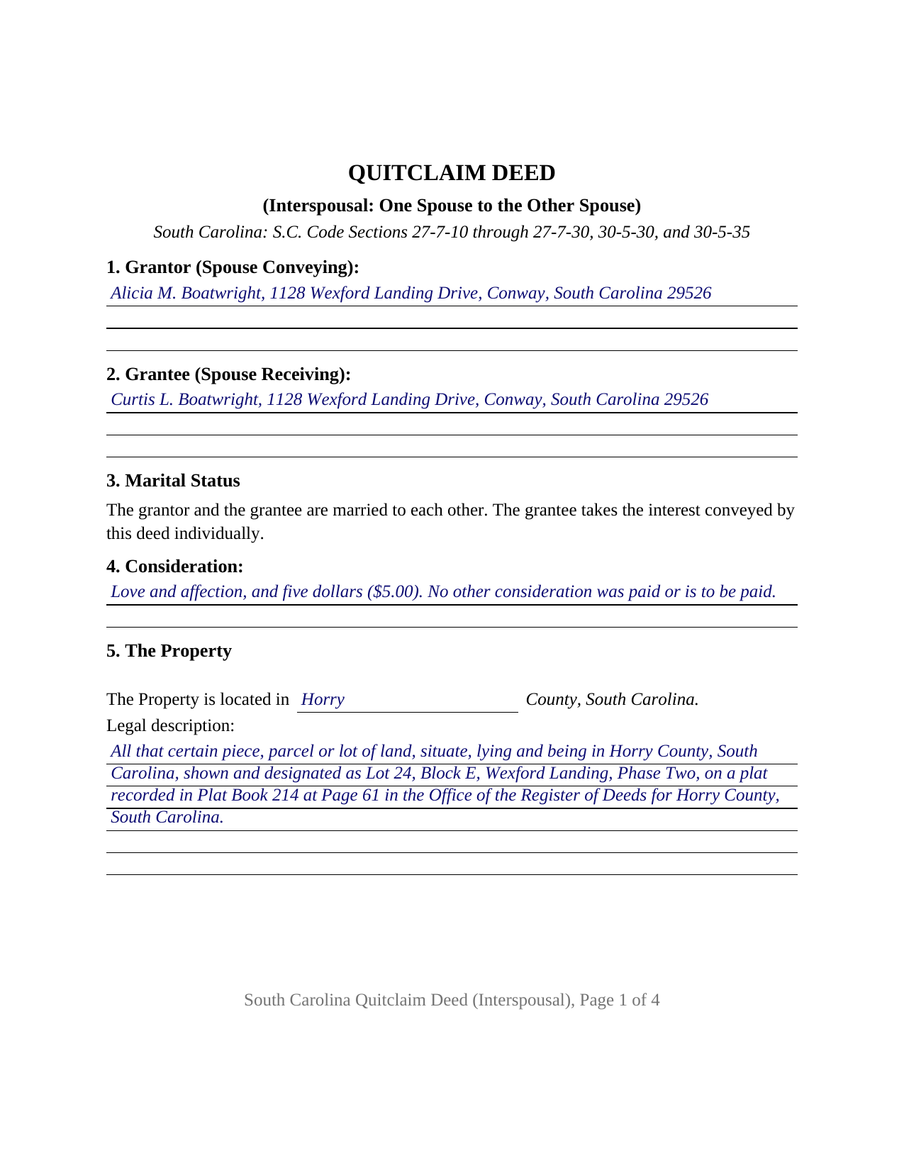 Florence County Completed Example of the Quitclaim Deed (Interspousal) Document