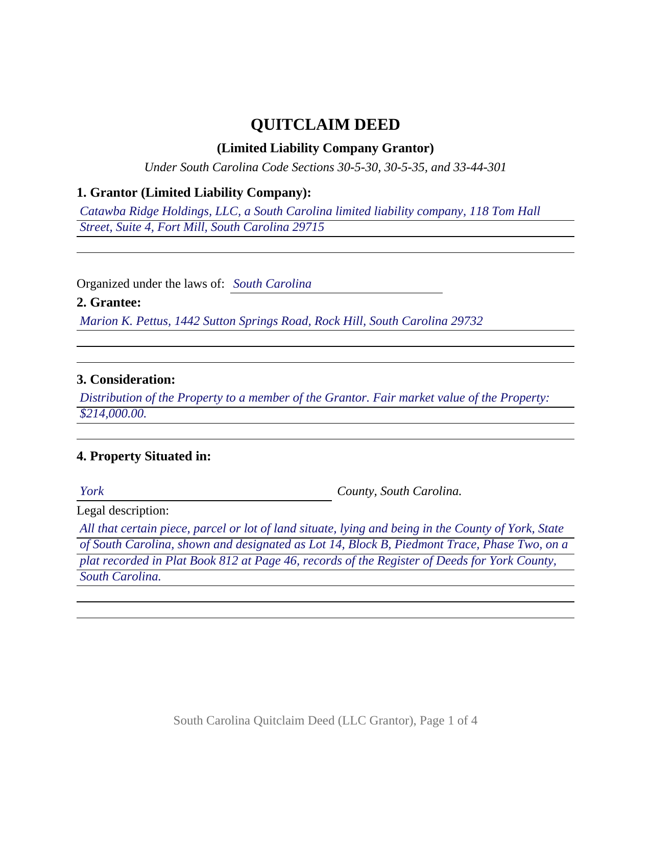 Bamberg County Completed Example of the Quitclaim Deed (LLC Grantor) Document