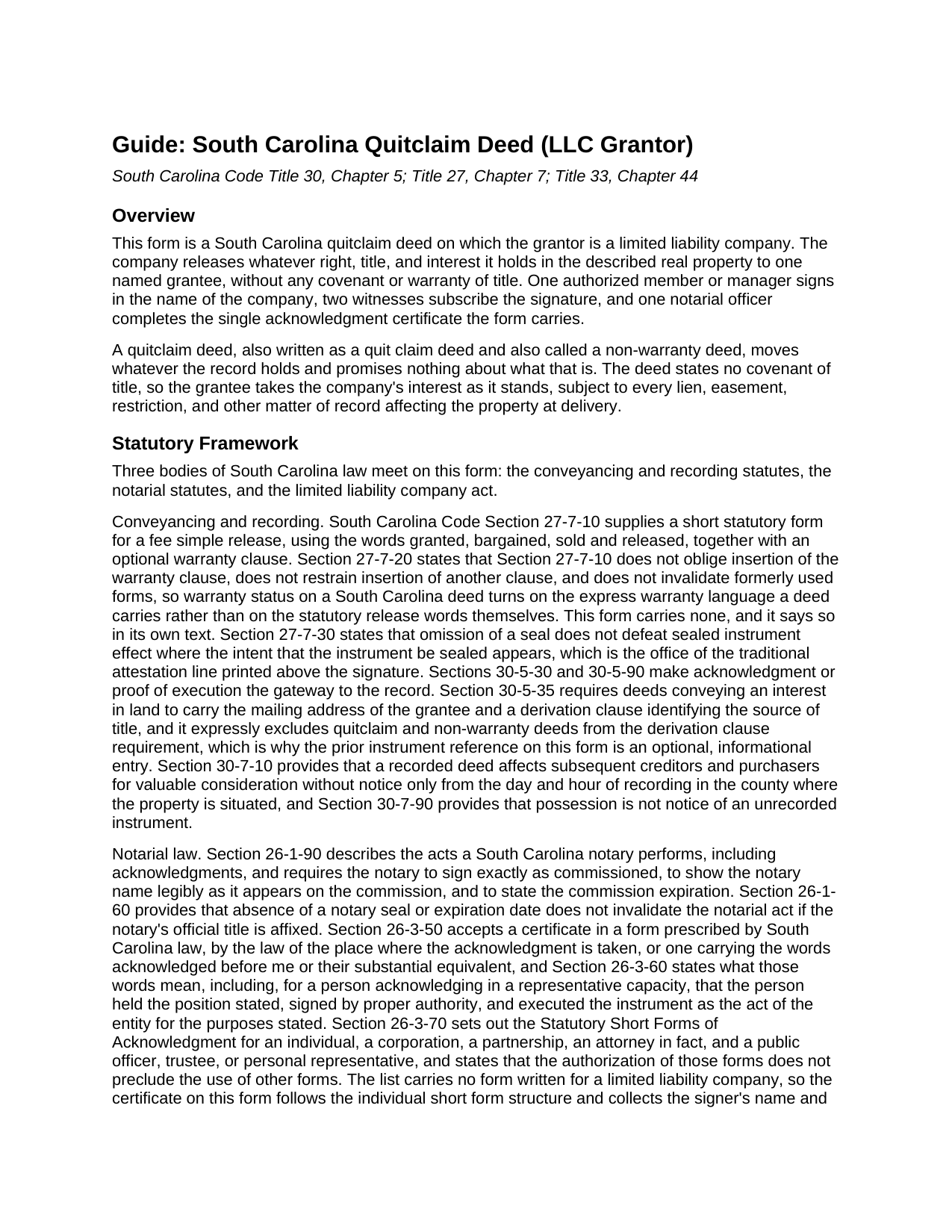 Bamberg County Quitclaim Deed (LLC Grantor) Guide