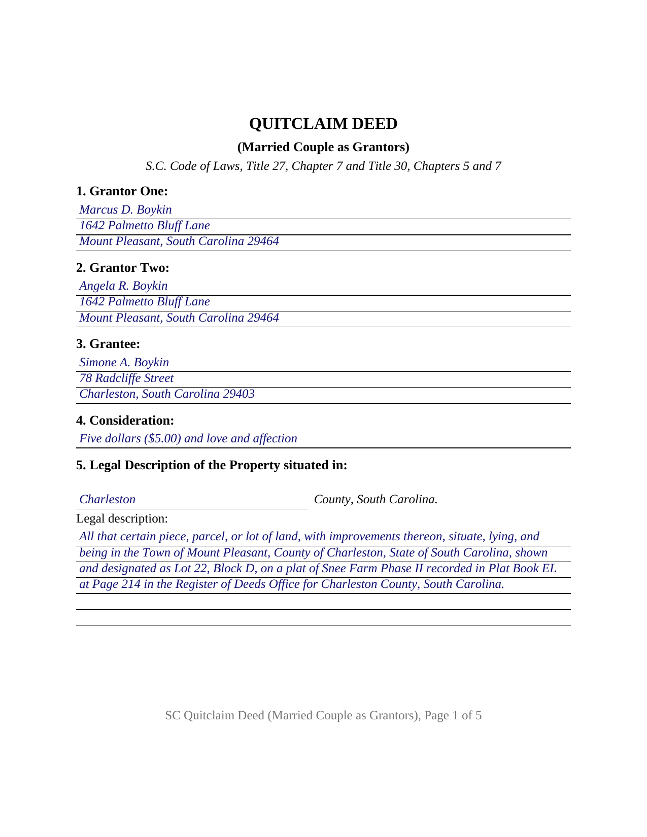 Mccormick County Completed Example of the Quitclaim Deed (Married Couple as Grantors) Document