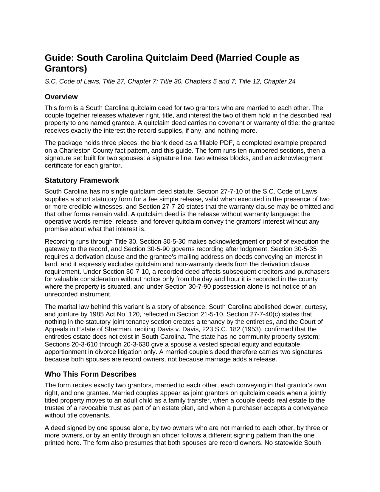 Mccormick County Quitclaim Deed (Married Couple as Grantors) Guide