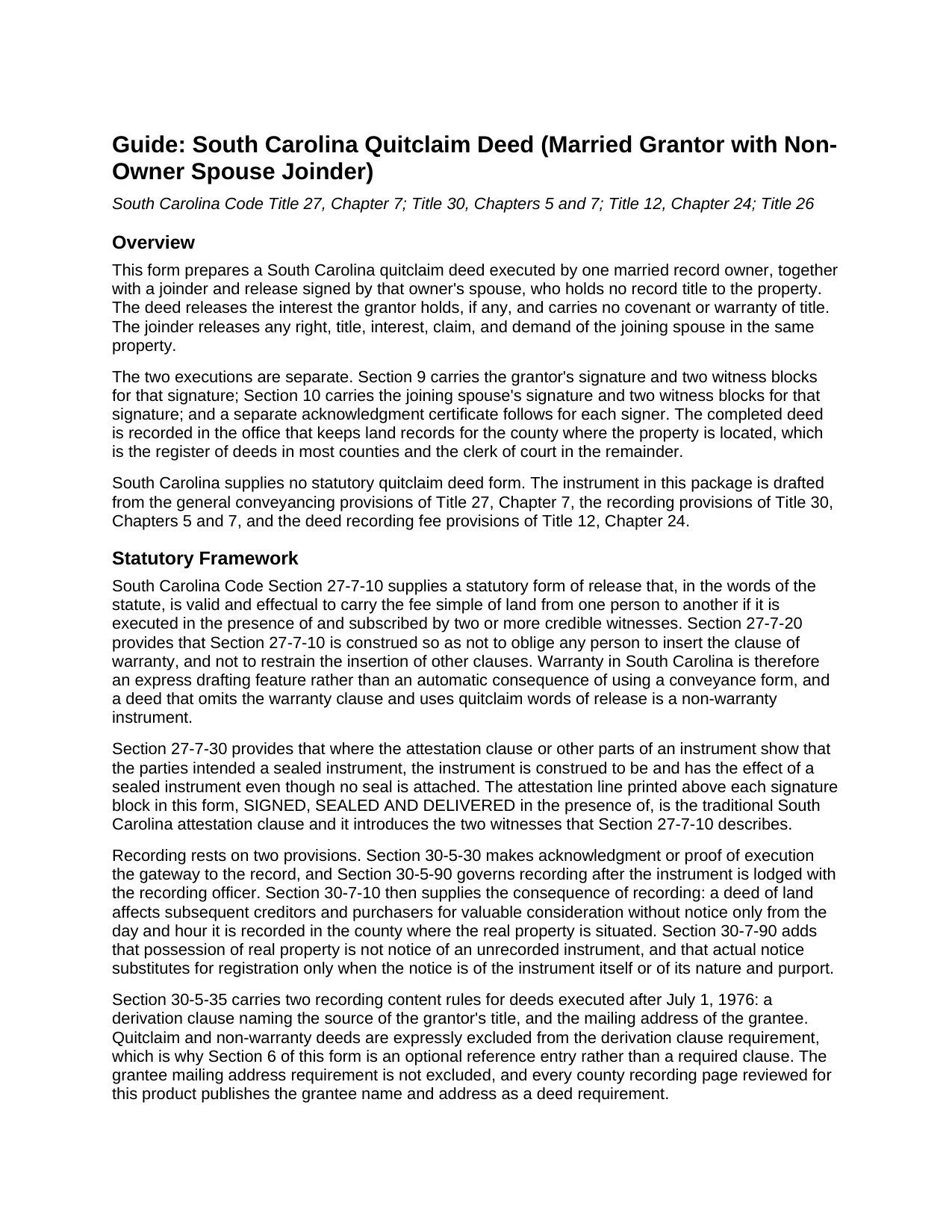 Mccormick County Quitclaim Deed (Married Grantor with Non-Owner Spouse Joinder) Guide