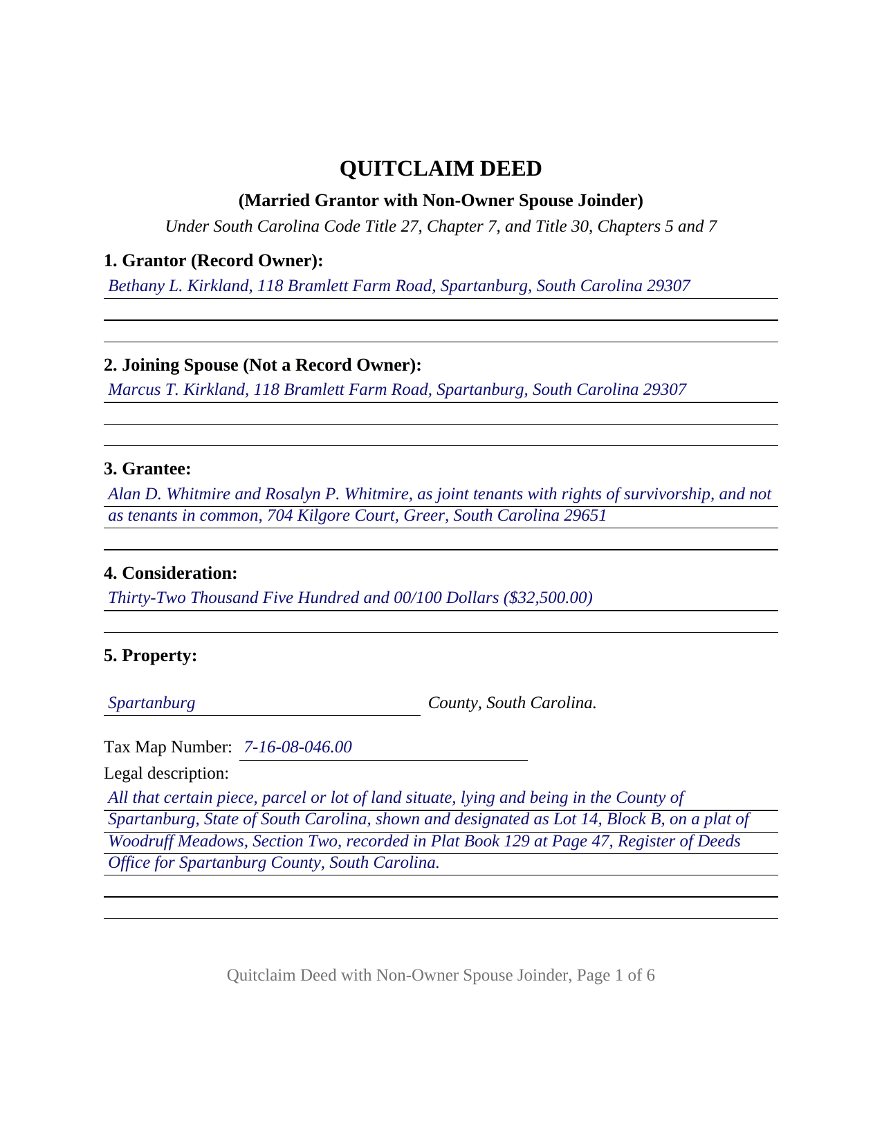 Mccormick County Completed Example of the Quitclaim Deed (Married Grantor with Non-Owner Spouse Joinder) Document