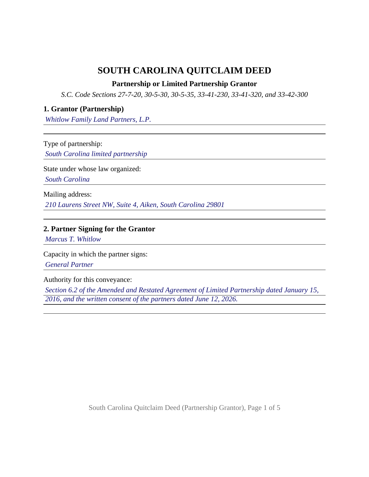 Colleton County Completed Example of the Quitclaim Deed (Partnership or Limited Partnership Grantor) Document