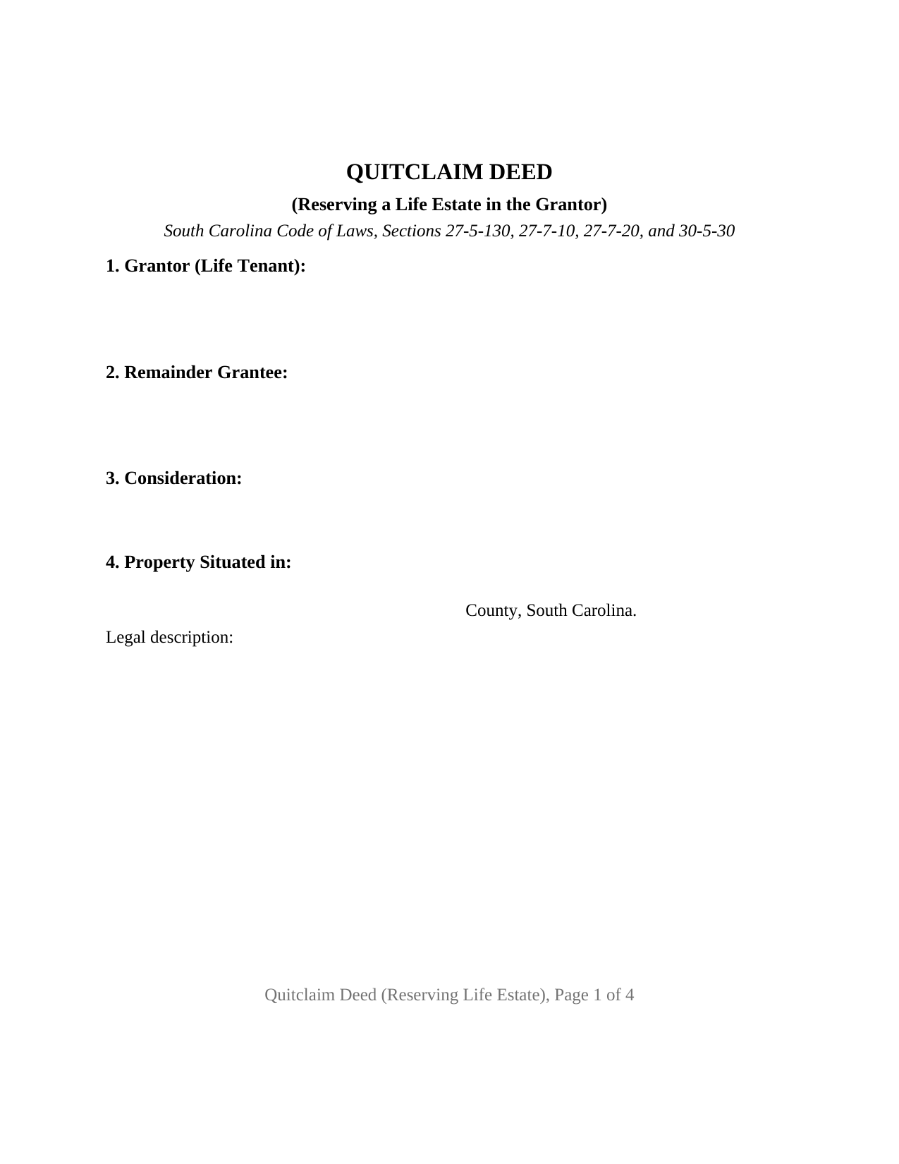 Dillon County Quitclaim Deed (Reserving Life Estate) Form