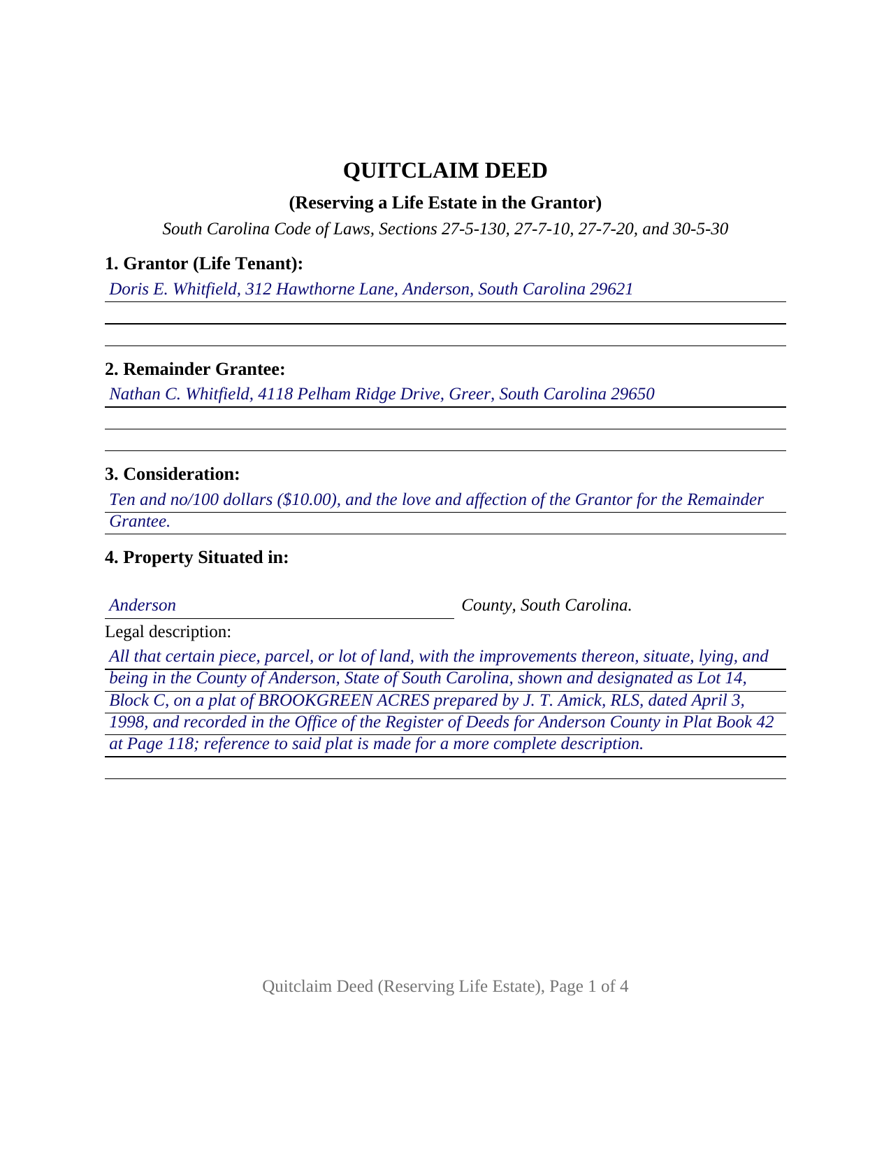 Dillon County Completed Example of the Quitclaim Deed (Reserving Life Estate) Document