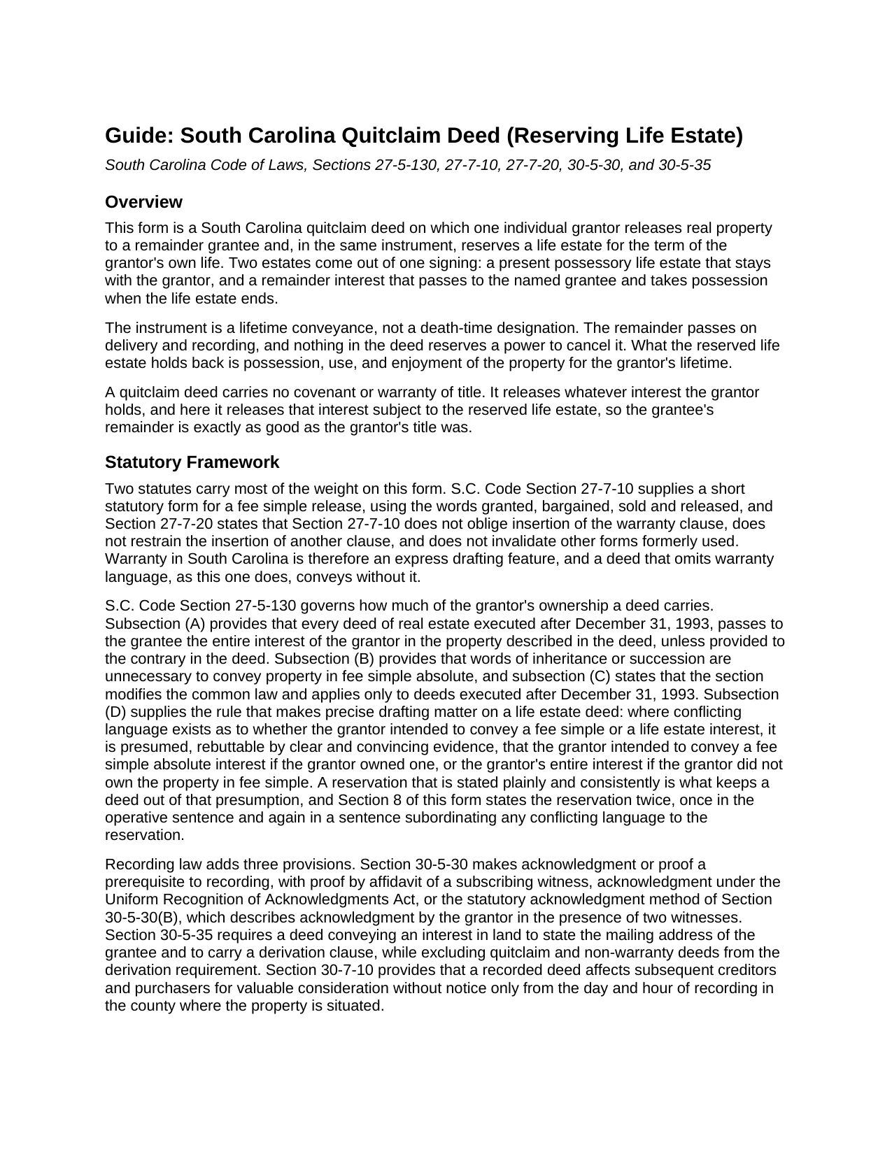 Dillon County Quitclaim Deed (Reserving Life Estate) Guide