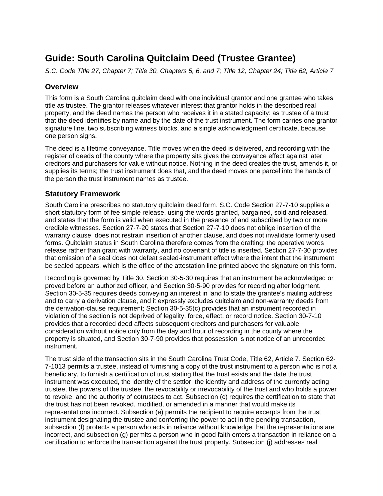 Clarendon County Quitclaim Deed (Trustee Grantee) Guide