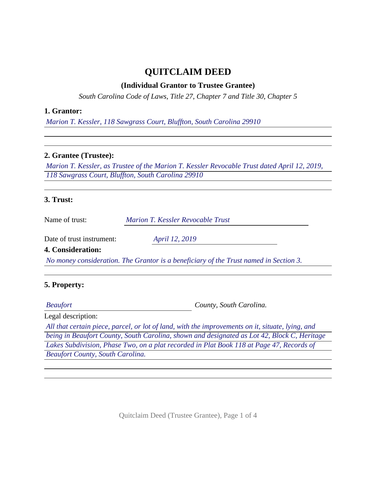 Clarendon County Completed Example of the Quitclaim Deed (Trustee Grantee) Document