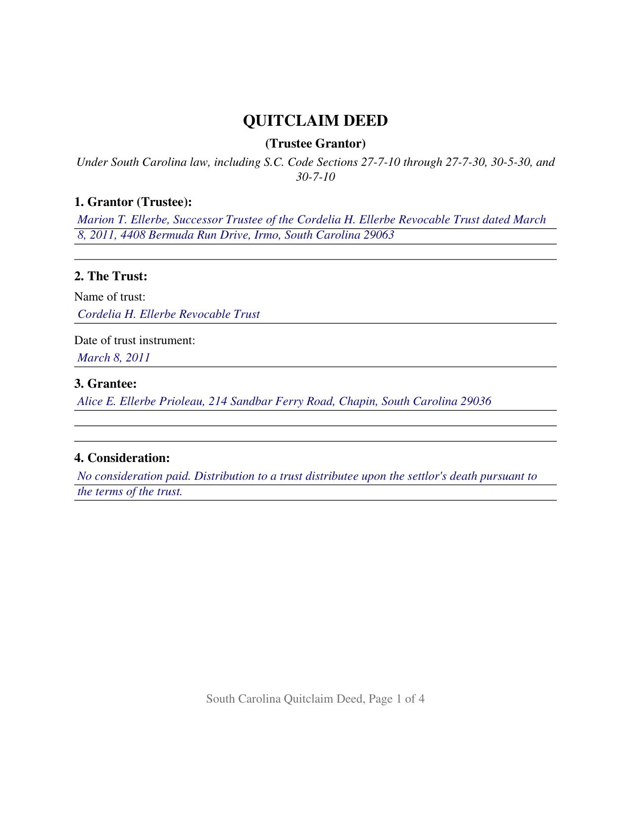 Edgefield County Completed Example of the Quitclaim Deed (Trustee Grantor) Document
