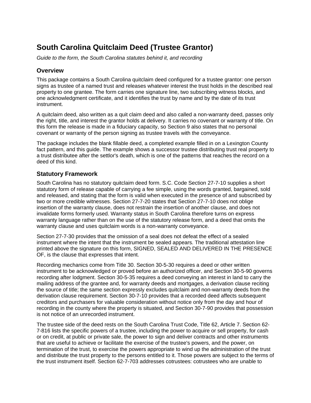 Edgefield County Quitclaim Deed (Trustee Grantor) Guide