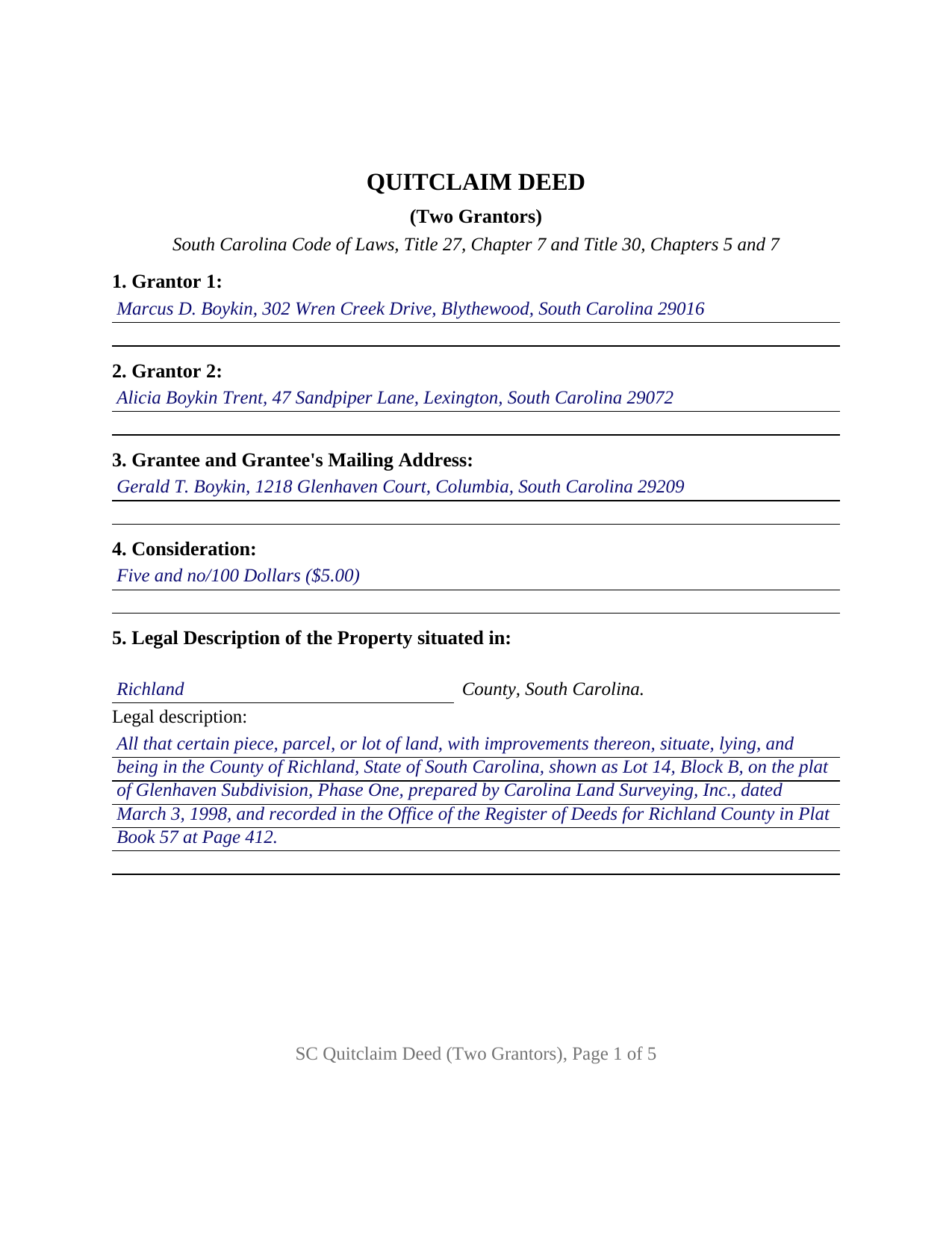 Pickens County Completed Example of the Quitclaim Deed (Two Grantors) Document