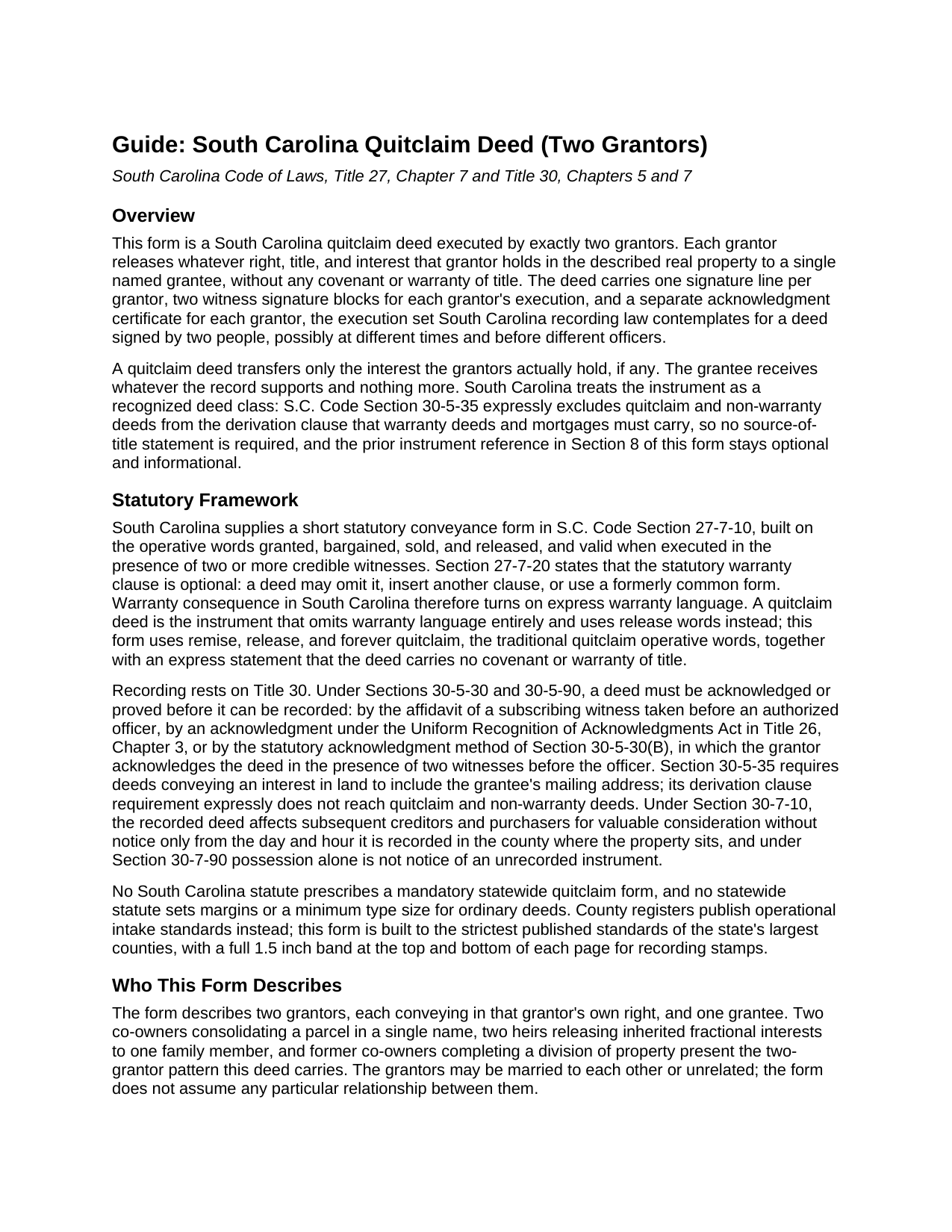 Pickens County Quitclaim Deed (Two Grantors) Guide