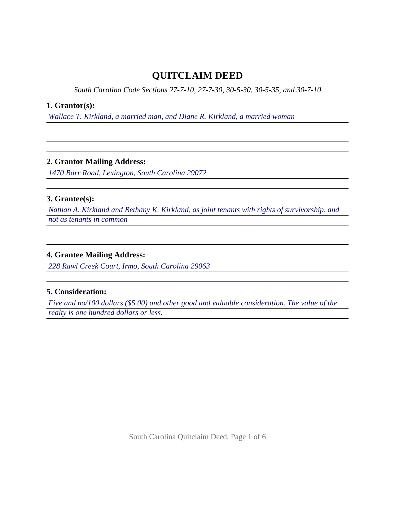 Hampton County Completed Example of the Quitclaim Deed Document
