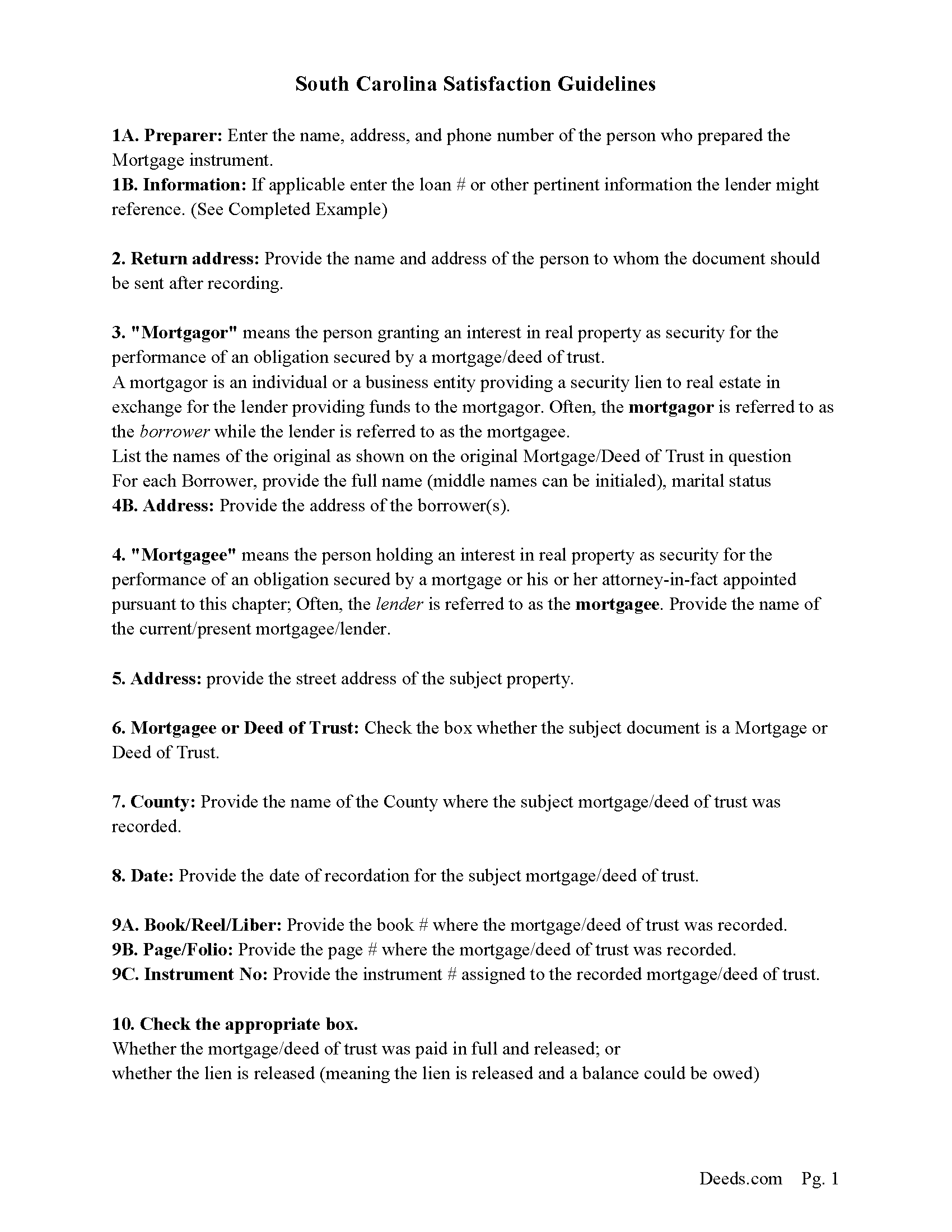 Spartanburg County Guidelines for Satisfaction of Mortgage or Deed of Trust