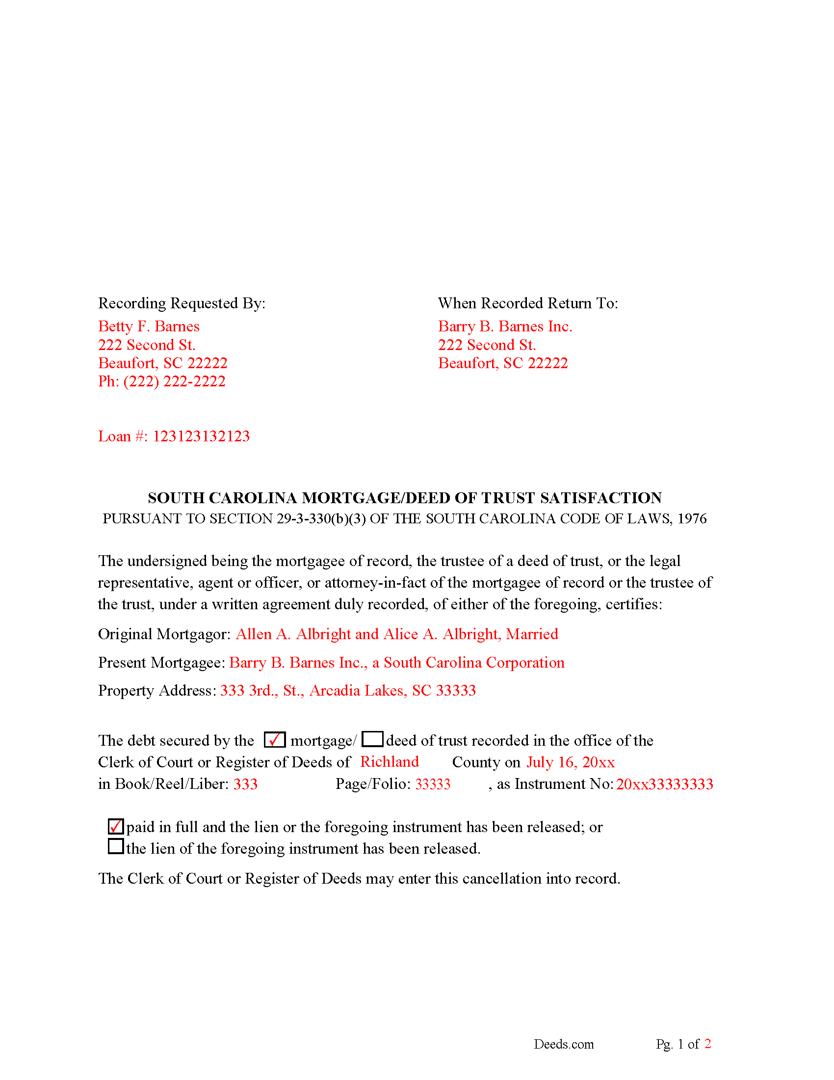 Completed Example of the Satisfaction of Mortgage of Deed of Trust Document