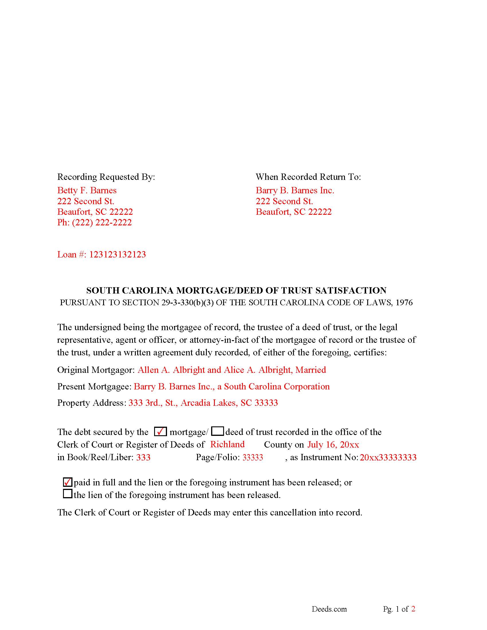 Spartanburg County Completed Example of the Satisfaction of Mortgage of Deed of Trust Document