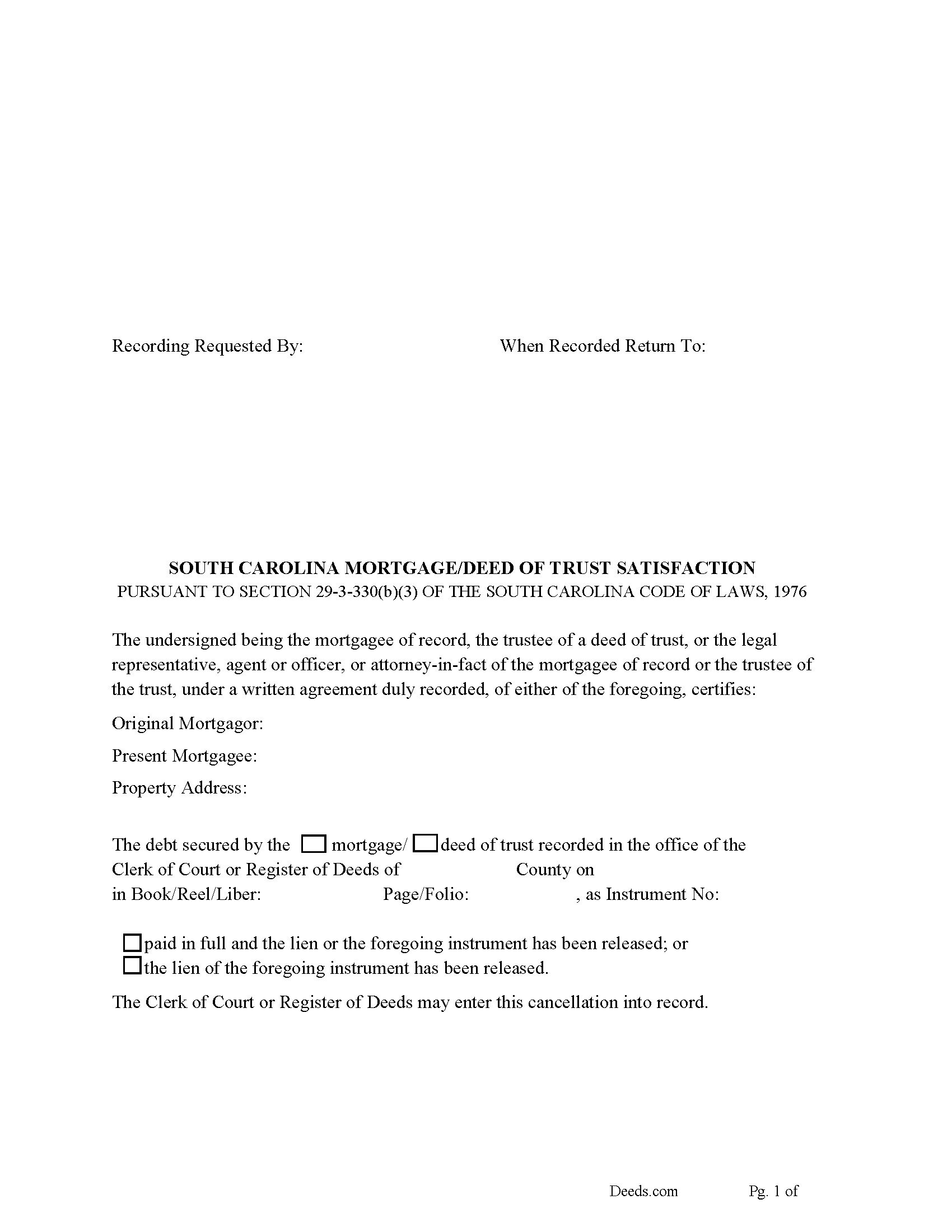Spartanburg County Satisfaction of Mortgage or Deed of Trust Form