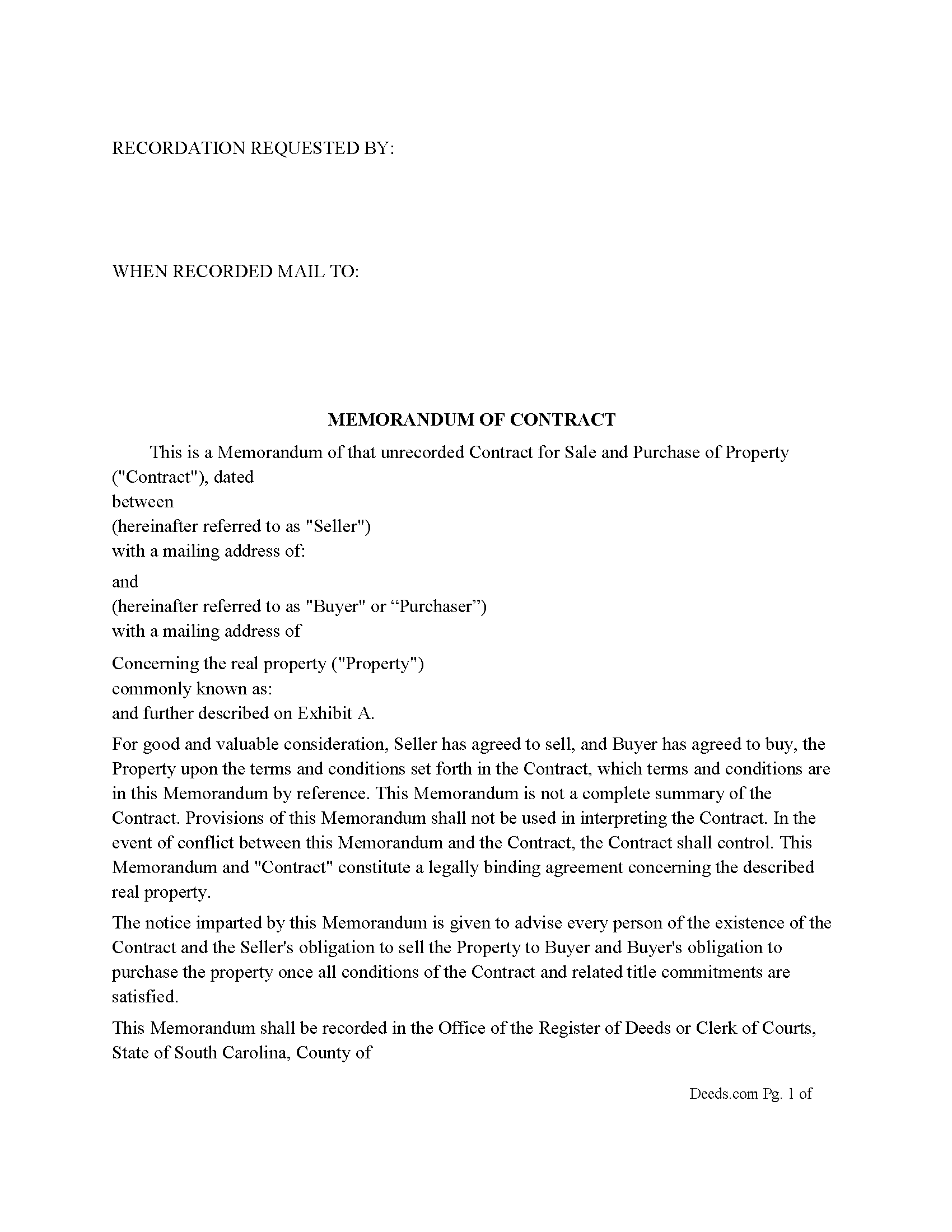 South Carolina Memorandum of Contract Image