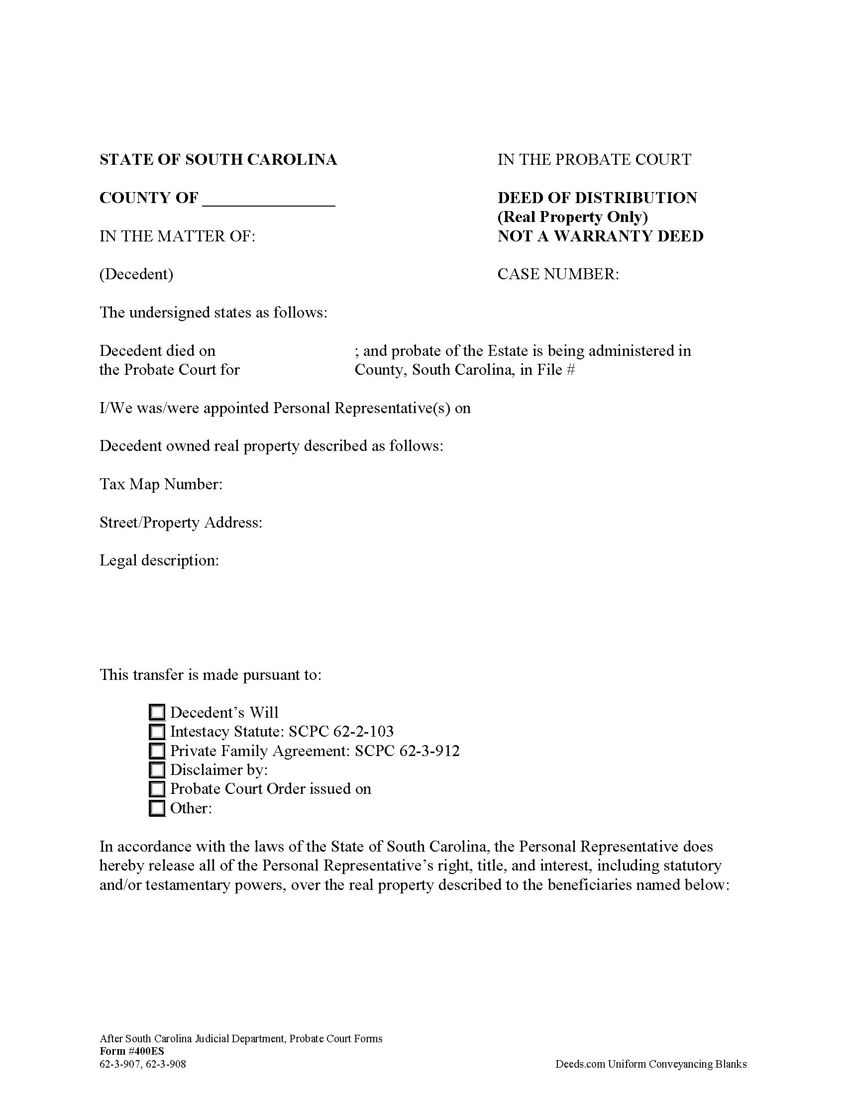 South Carolina Personal Representative Deed of Distribution Image
