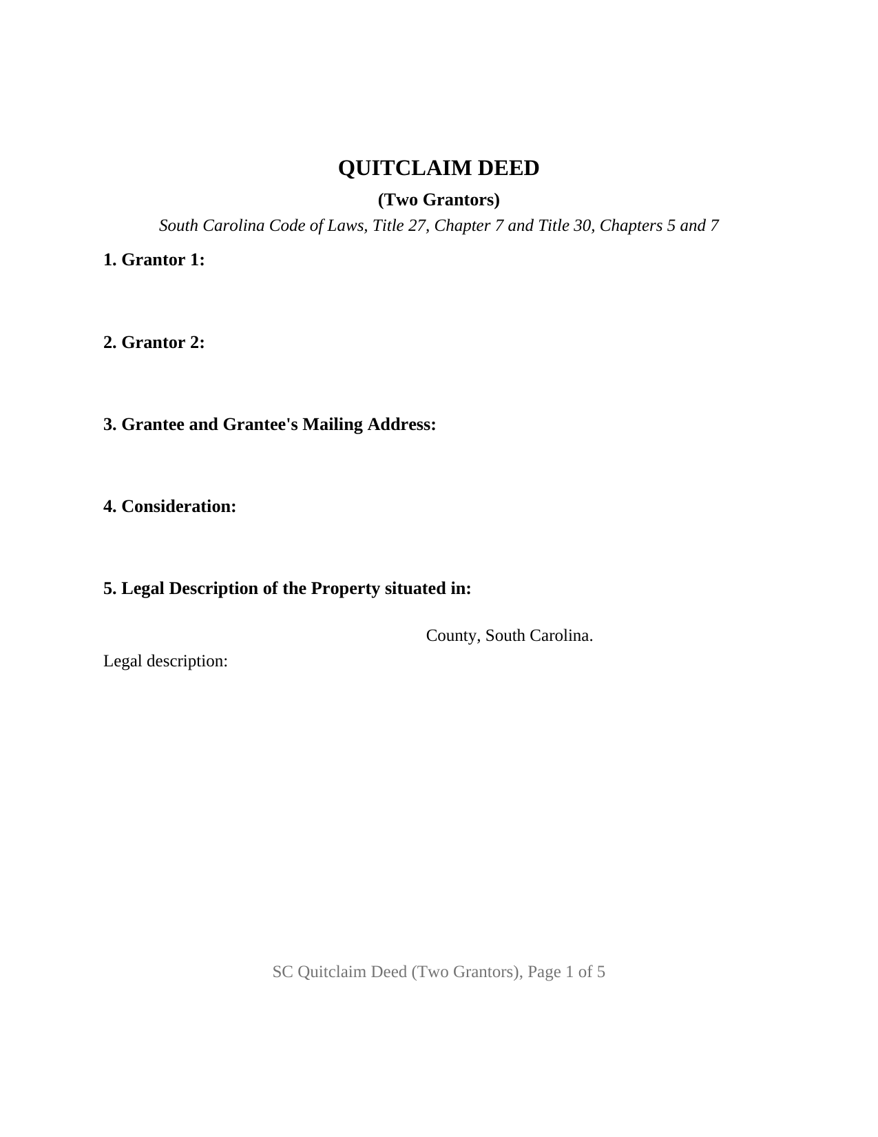 South Carolina Quitclaim Deed (Two Grantors)