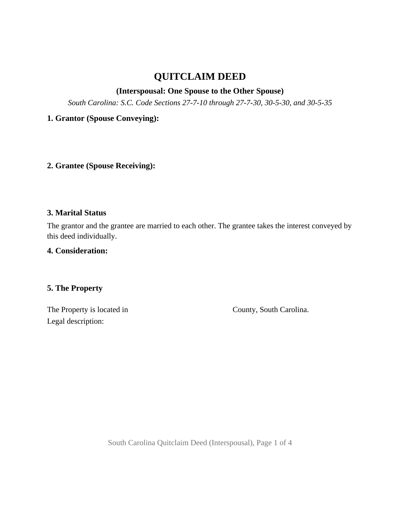 South Carolina Quitclaim Deed (Interspousal)