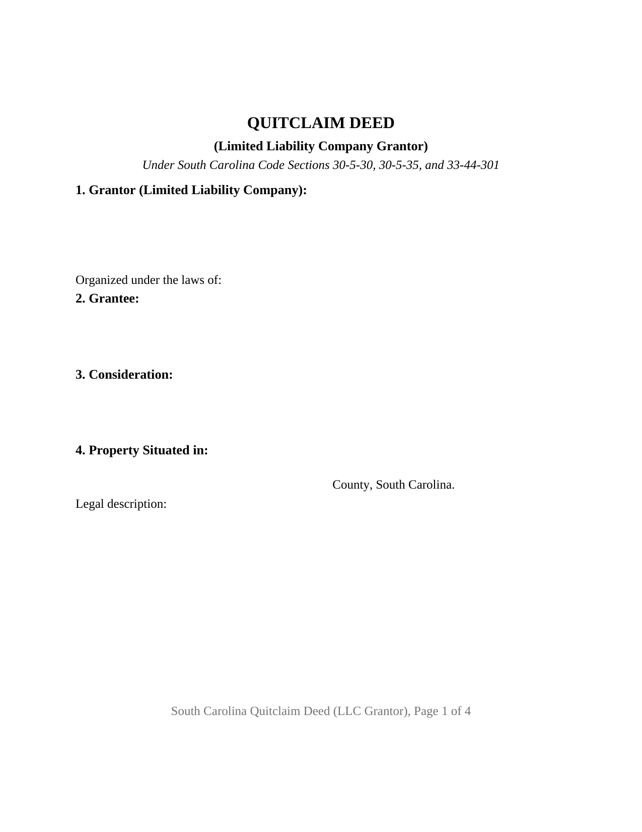 South Carolina Quitclaim Deed (LLC Grantor)