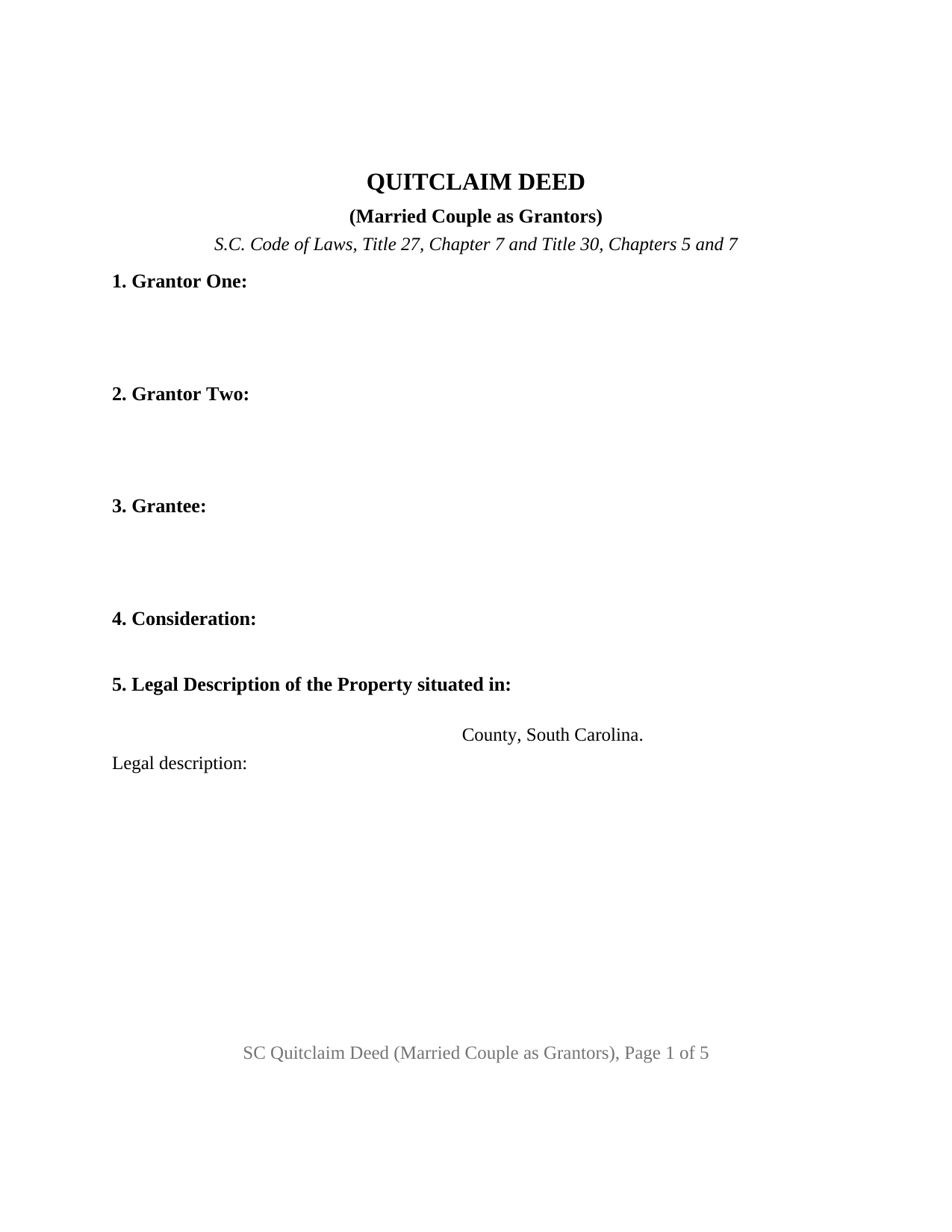 South Carolina Quitclaim Deed (Married Couple as Grantors)