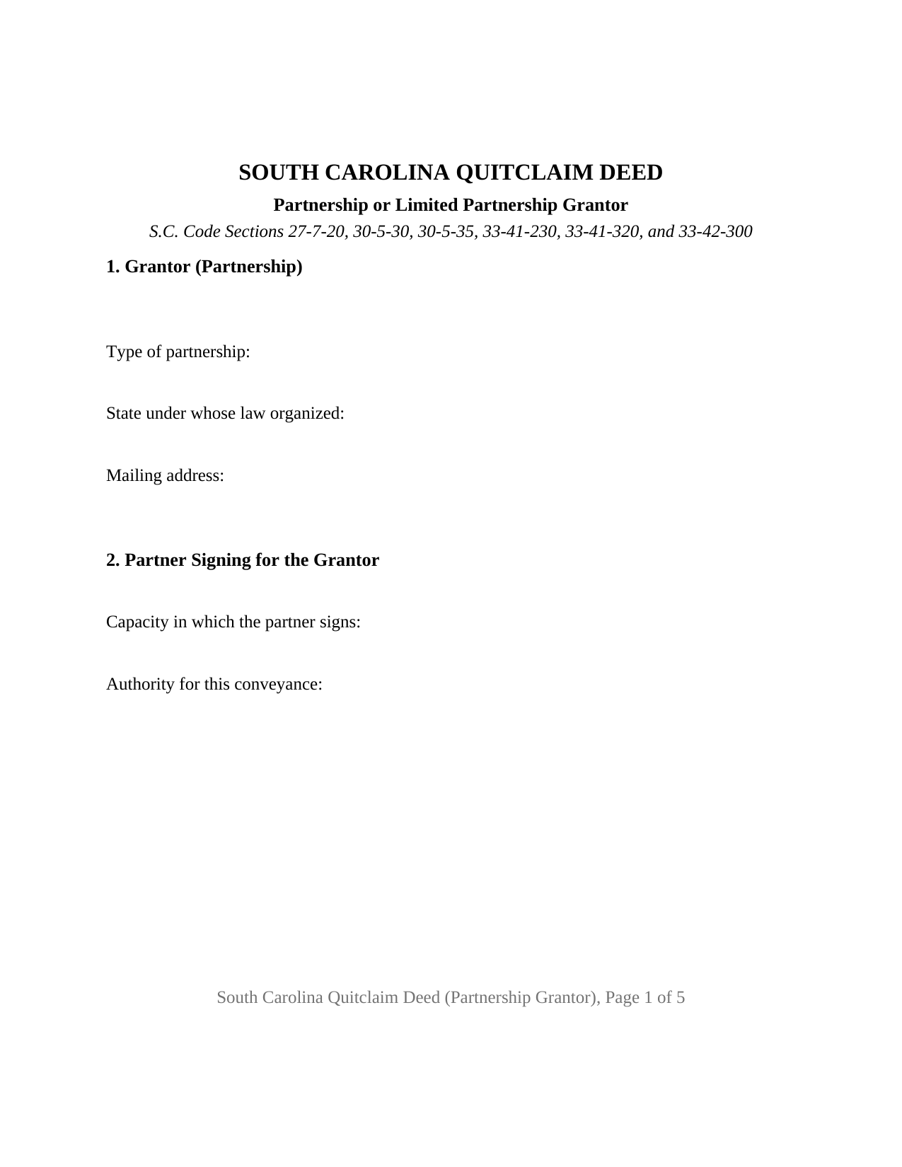 South Carolina Quitclaim Deed (Partnership or Limited Partnership Grantor)