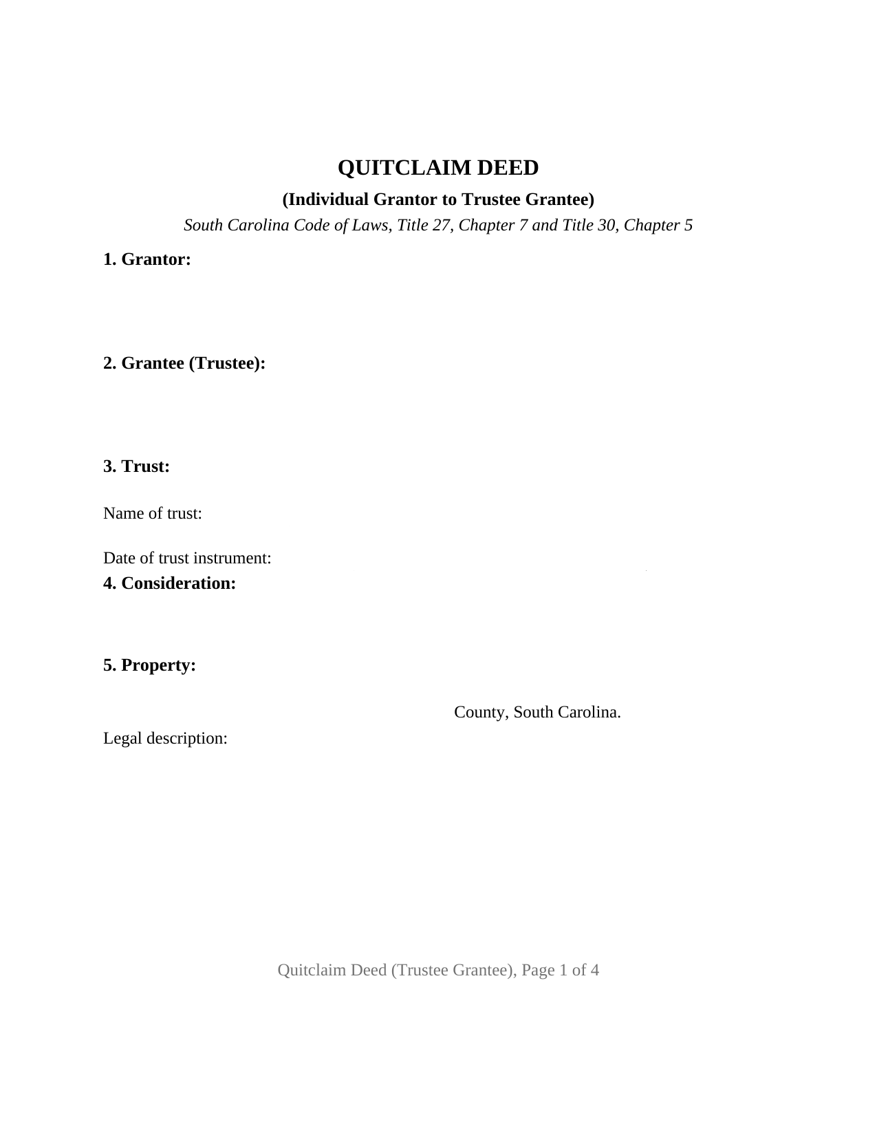South Carolina Quitclaim Deed (Trustee Grantee)