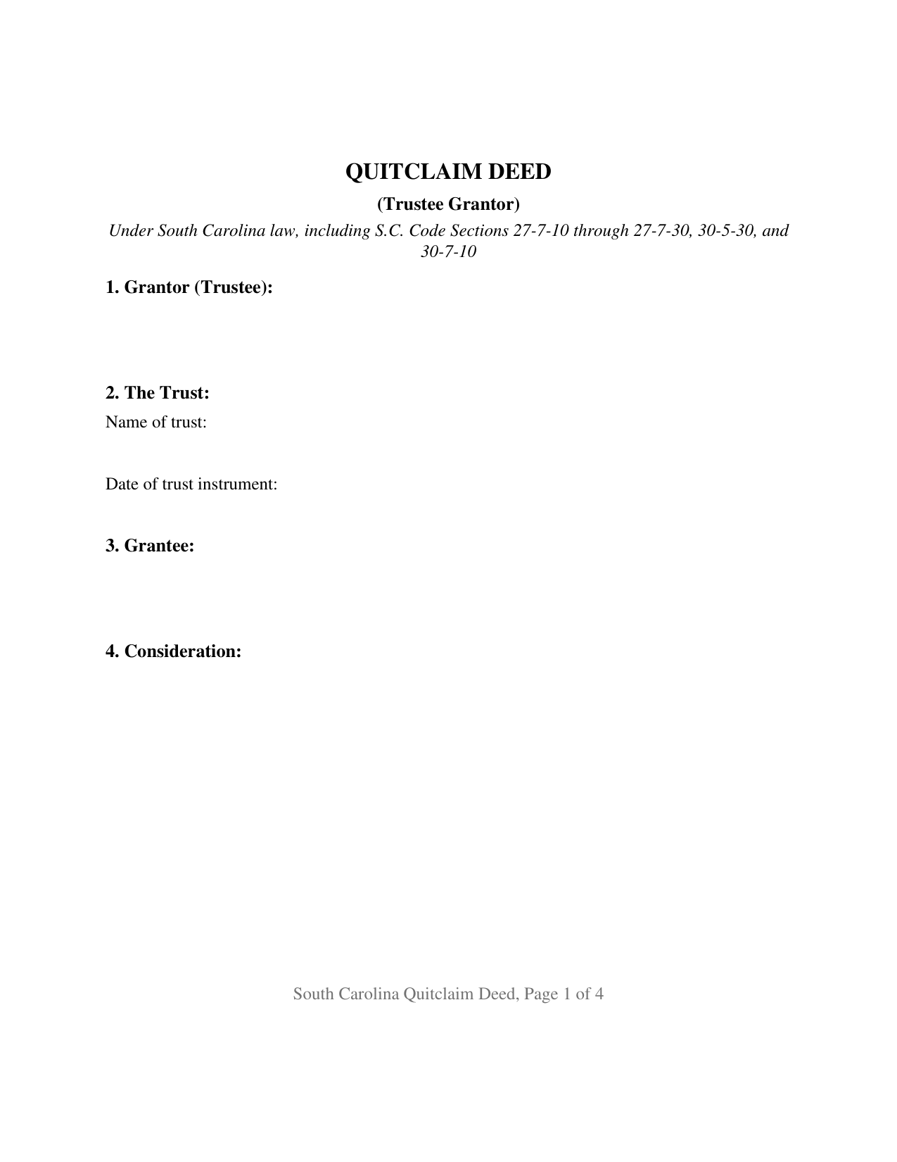 South Carolina Quitclaim Deed (Trustee Grantor)