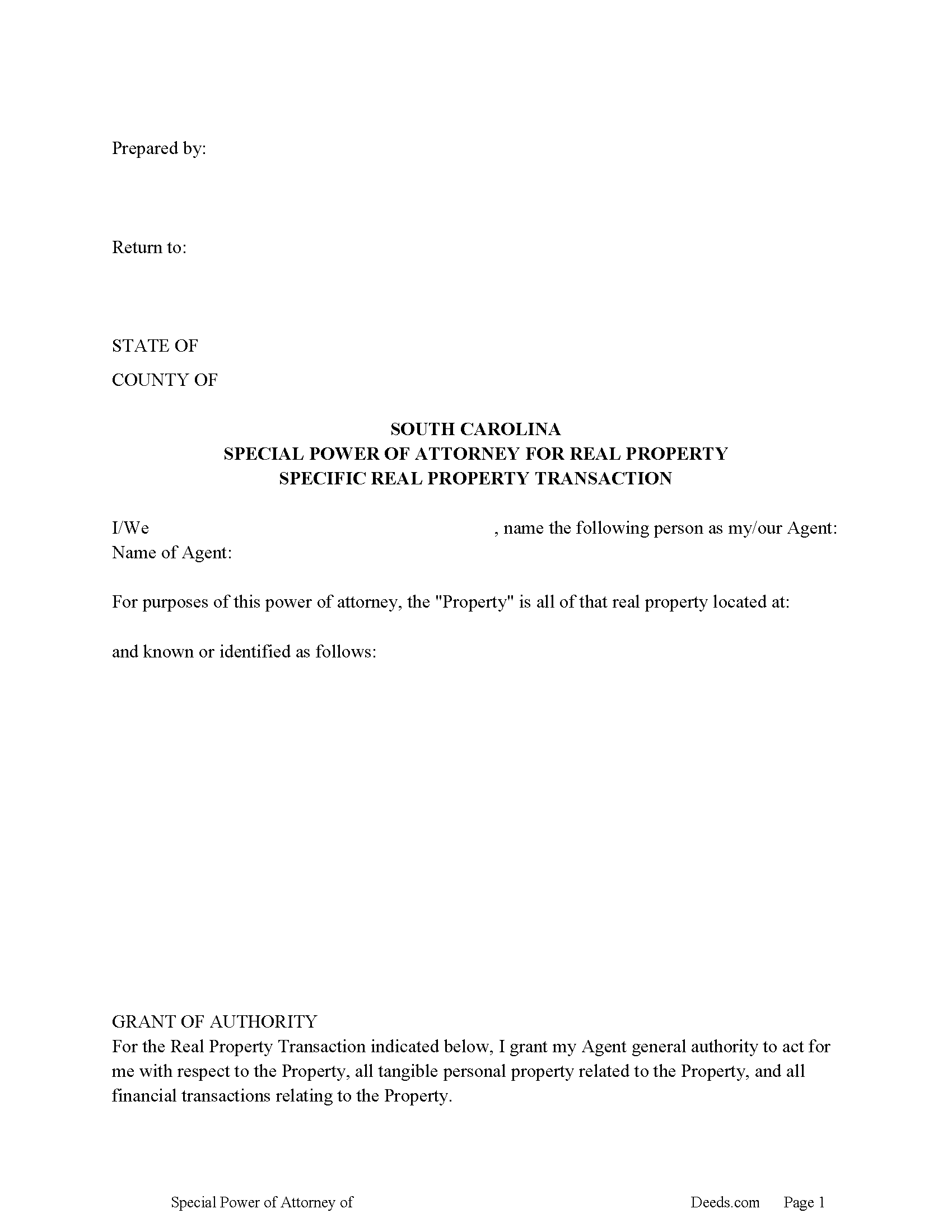 South Carolina Special Power of Attorney for Real Property Image