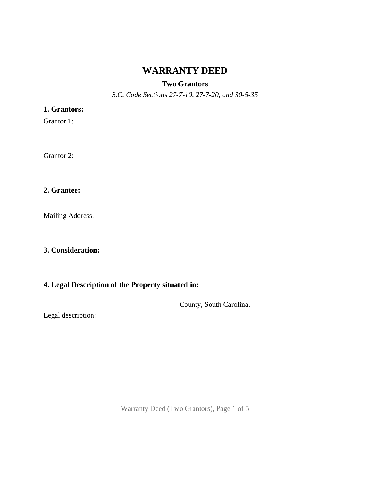 South Carolina Warranty Deed (Two Grantors)