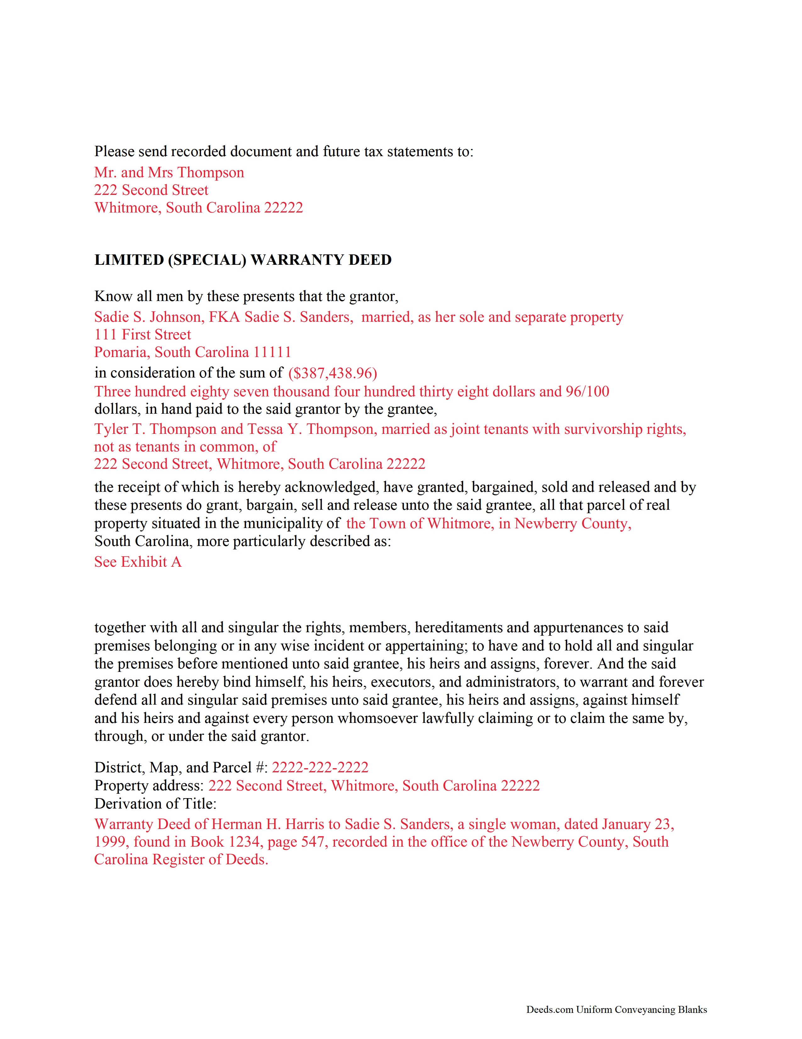 York County Completed Example of the Special Warranty Deed Document