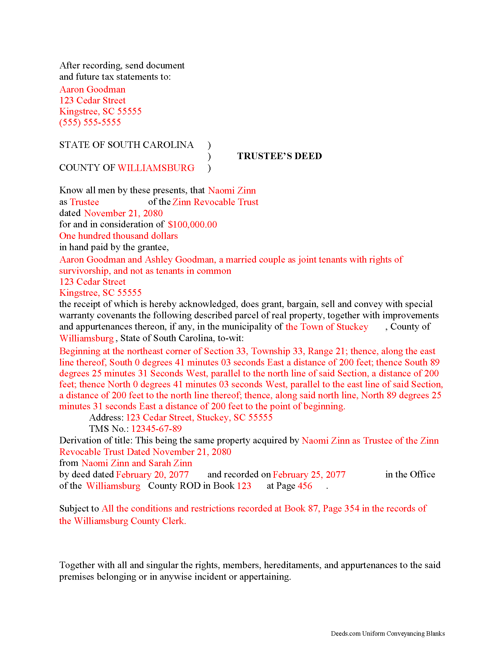 Completed Example of the Trustee Deed Document