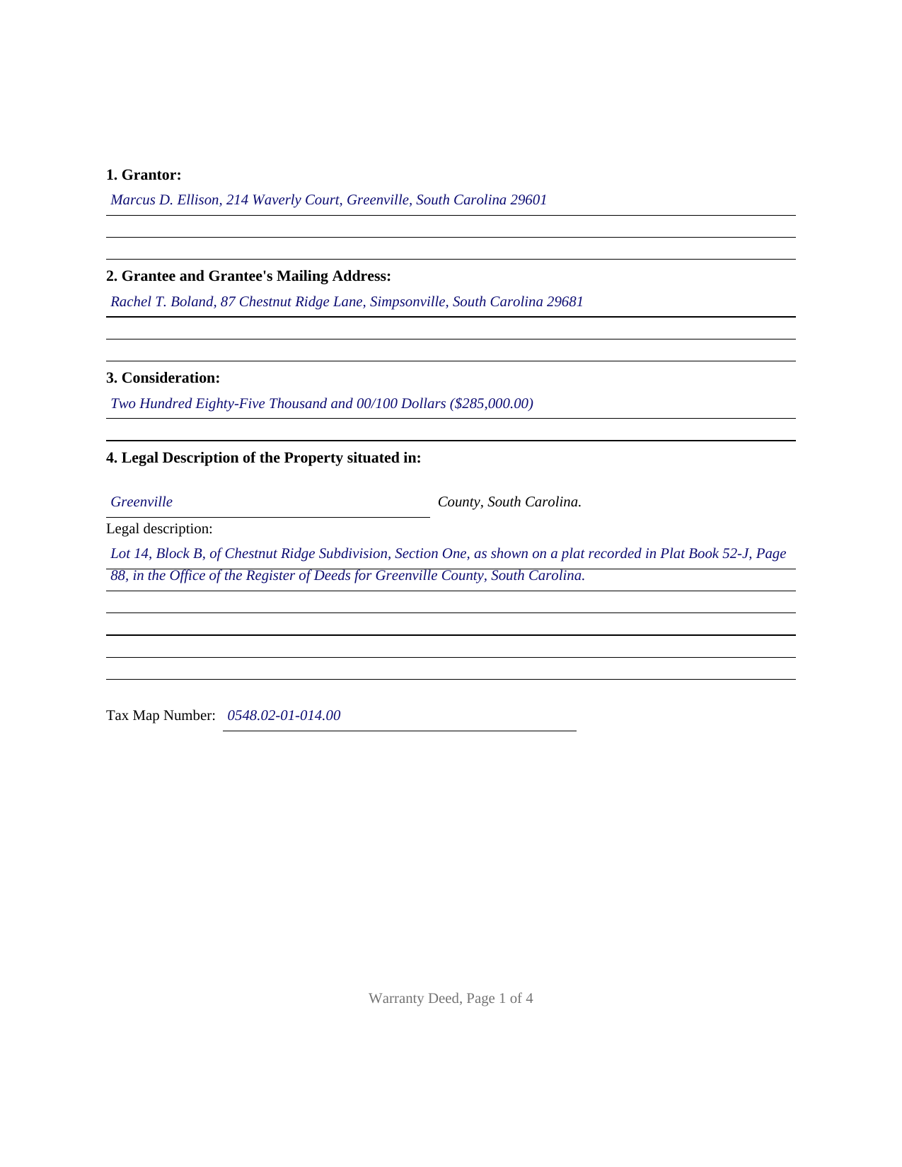 Clarendon County Completed Example of the Warranty Deed (Individual Grantor) Document
