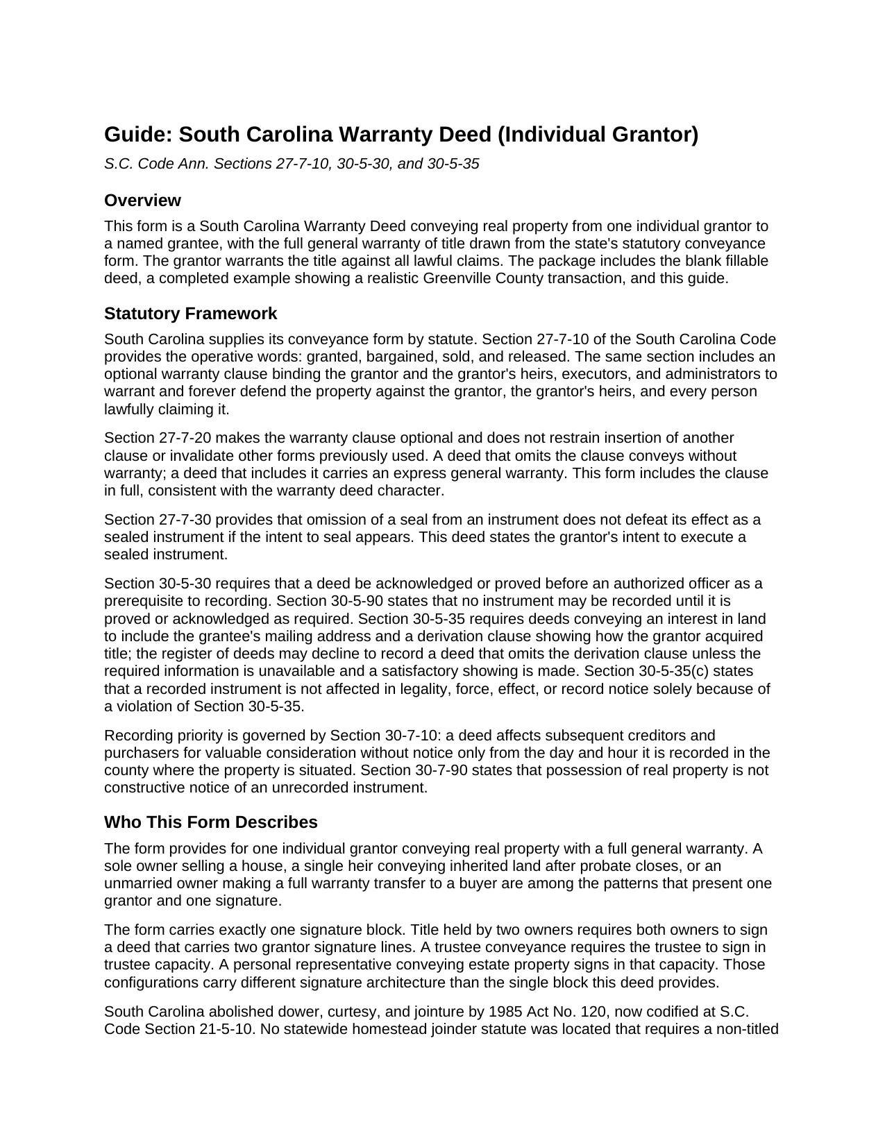 Clarendon County Warranty Deed (Individual Grantor) Guide