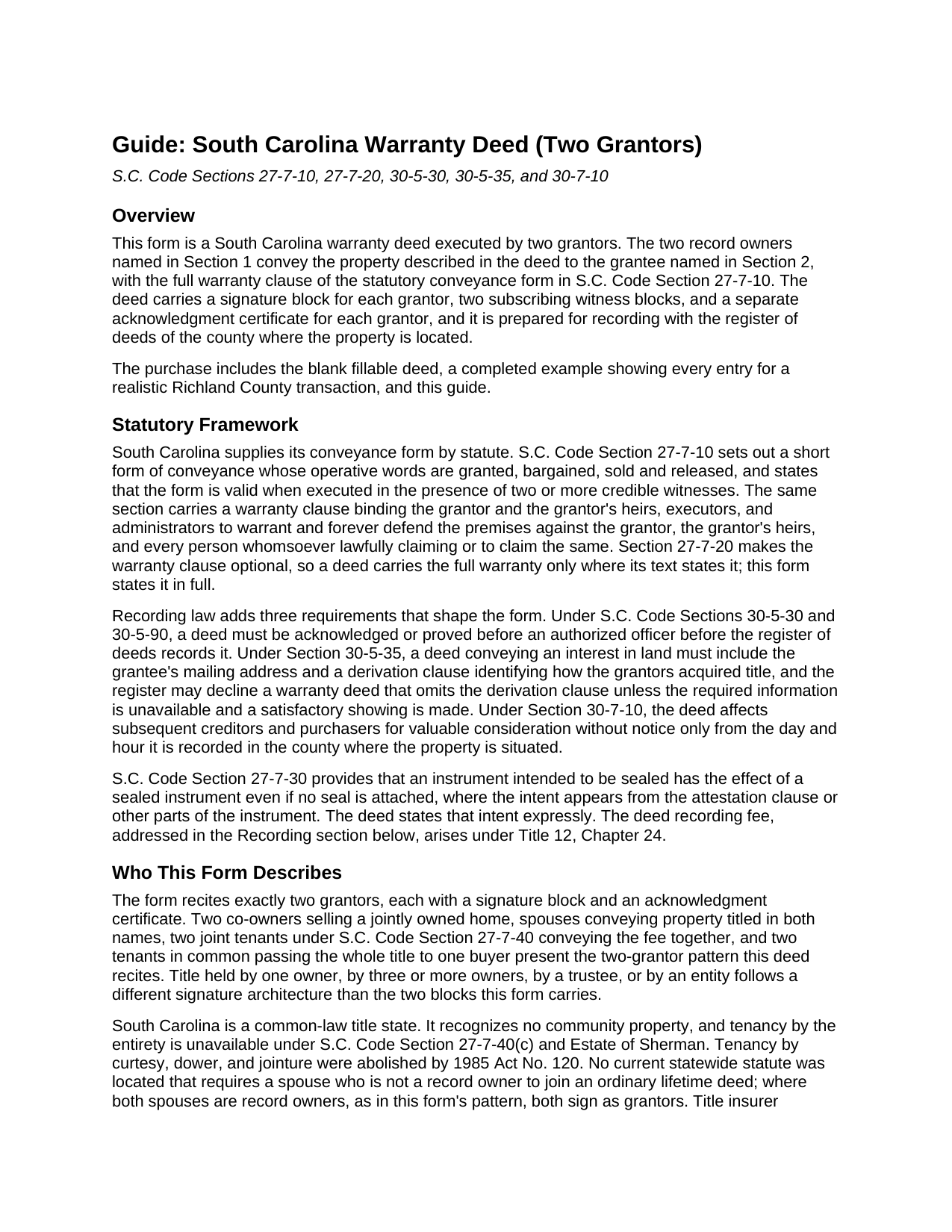 Charleston County Warranty Deed (Two Grantors) Guide