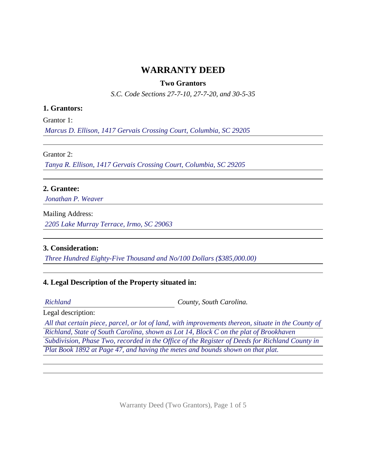 Charleston County Completed Example of the Warranty Deed (Two Grantors) Document