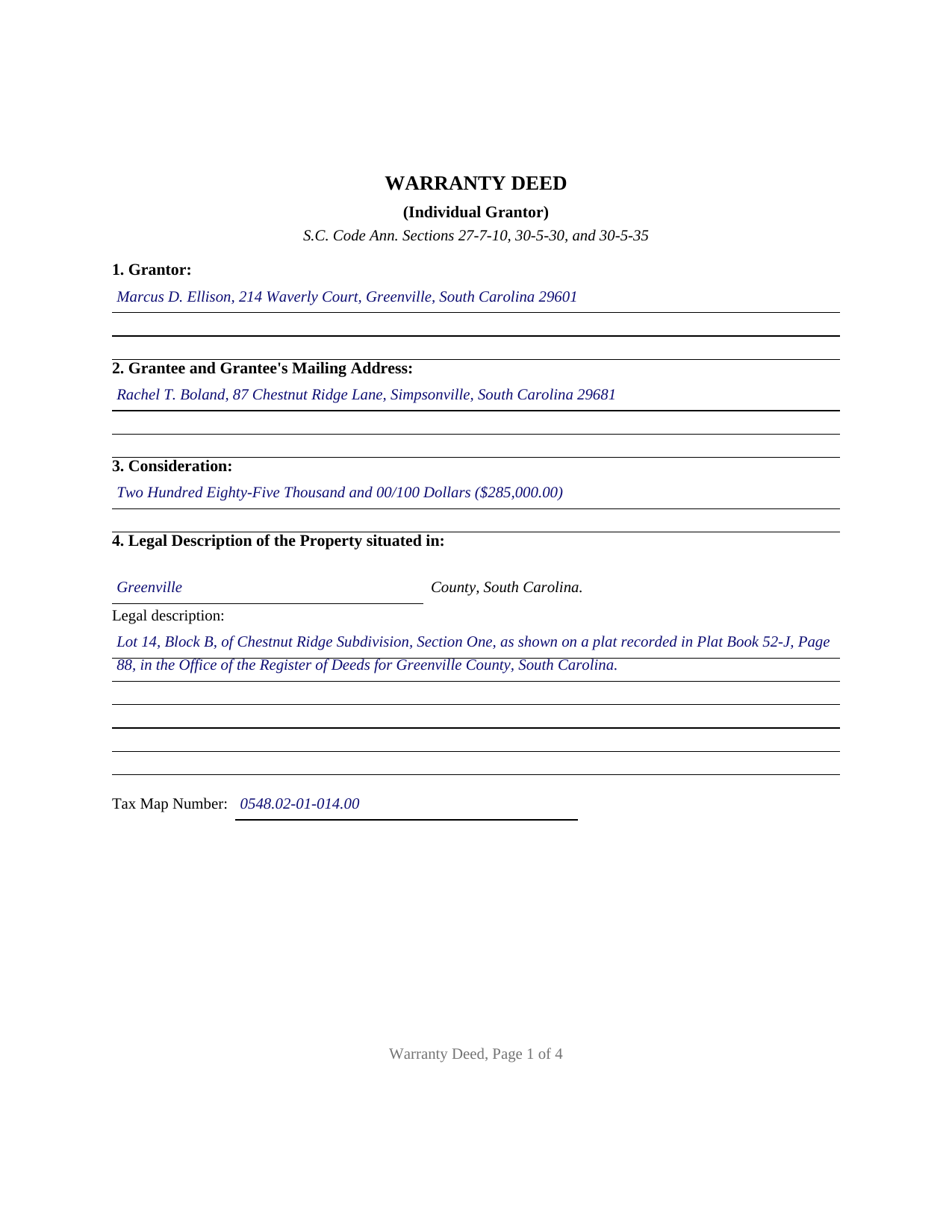 Clarendon County Completed Example of the Warranty Deed Document