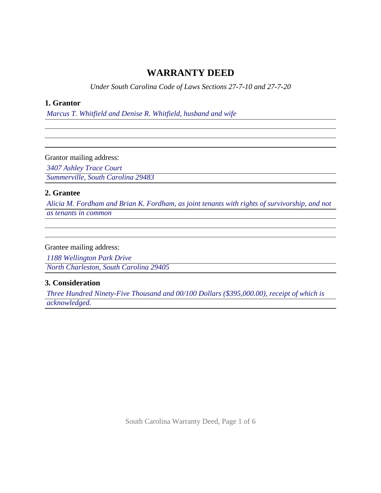 Lancaster County Completed Example of the Warranty Deed Document