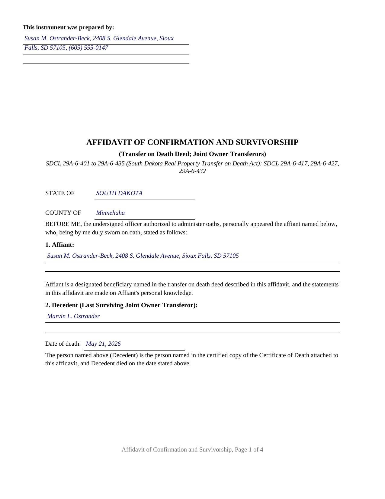 Mellette County Completed Example of the Affidavit of Confirmation and Survivorship Document