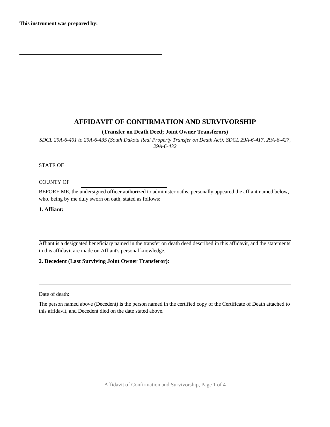Mellette County Affidavit of Confirmation and Survivorship Form