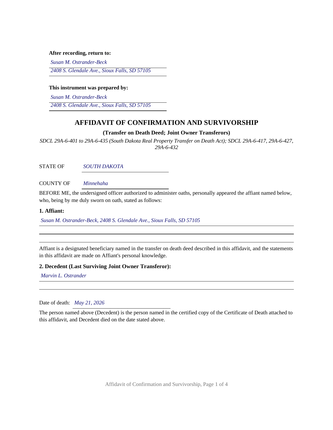 Mellette County Completed Example of the Affidavit of Confirmation and Survivorship Document