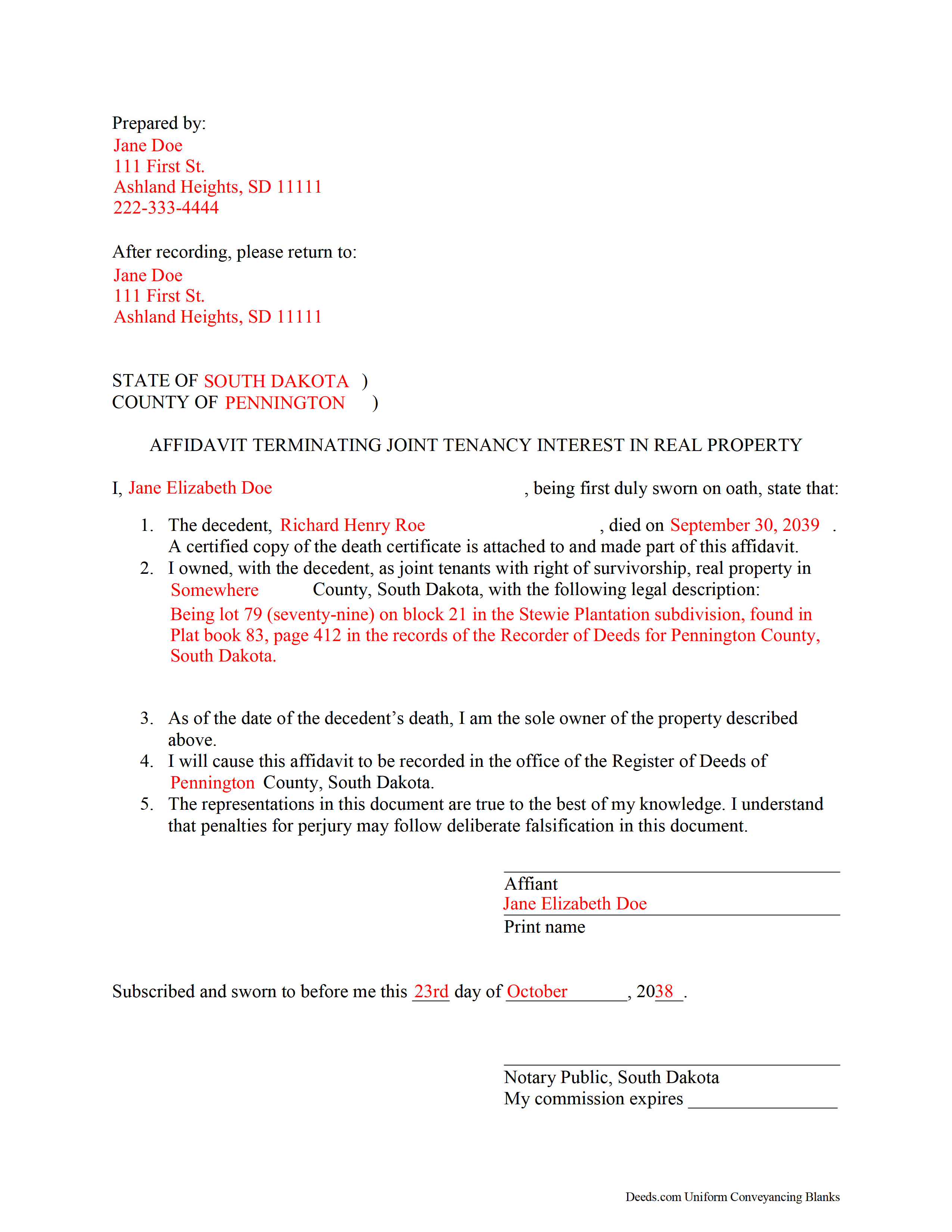 Completed Example of the Affidavit of Deceased Joint Tenant Document